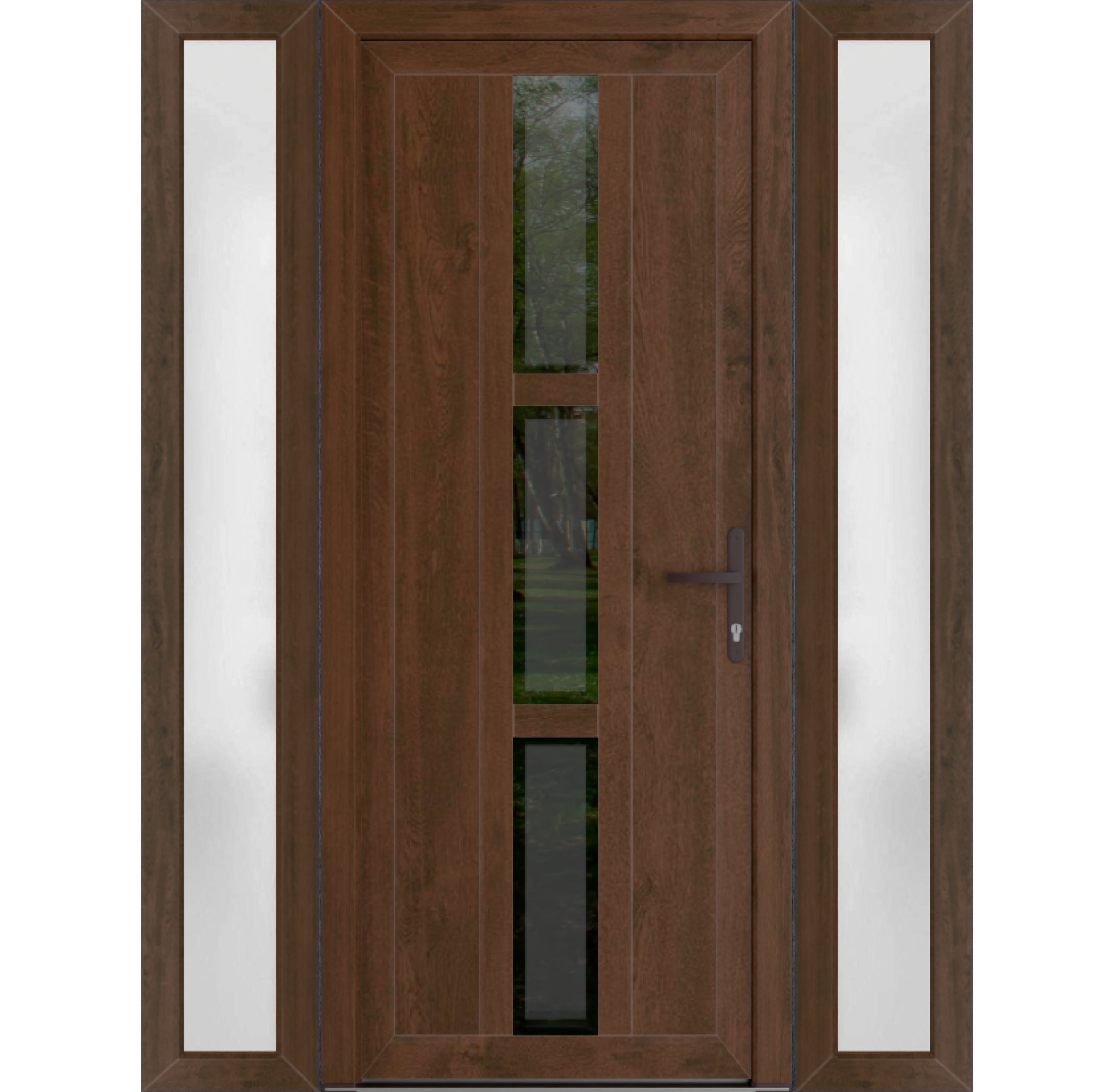 Front Exterior Prehung Metal-PlasticDoor | Manux 8112 White Silk | 2 Side Sidelite Transoms | Office Commercial and Residential Doors Entrance Patio Garage 64" x 80" (W14+36+14" x H80") Left hand Inswing Walnut