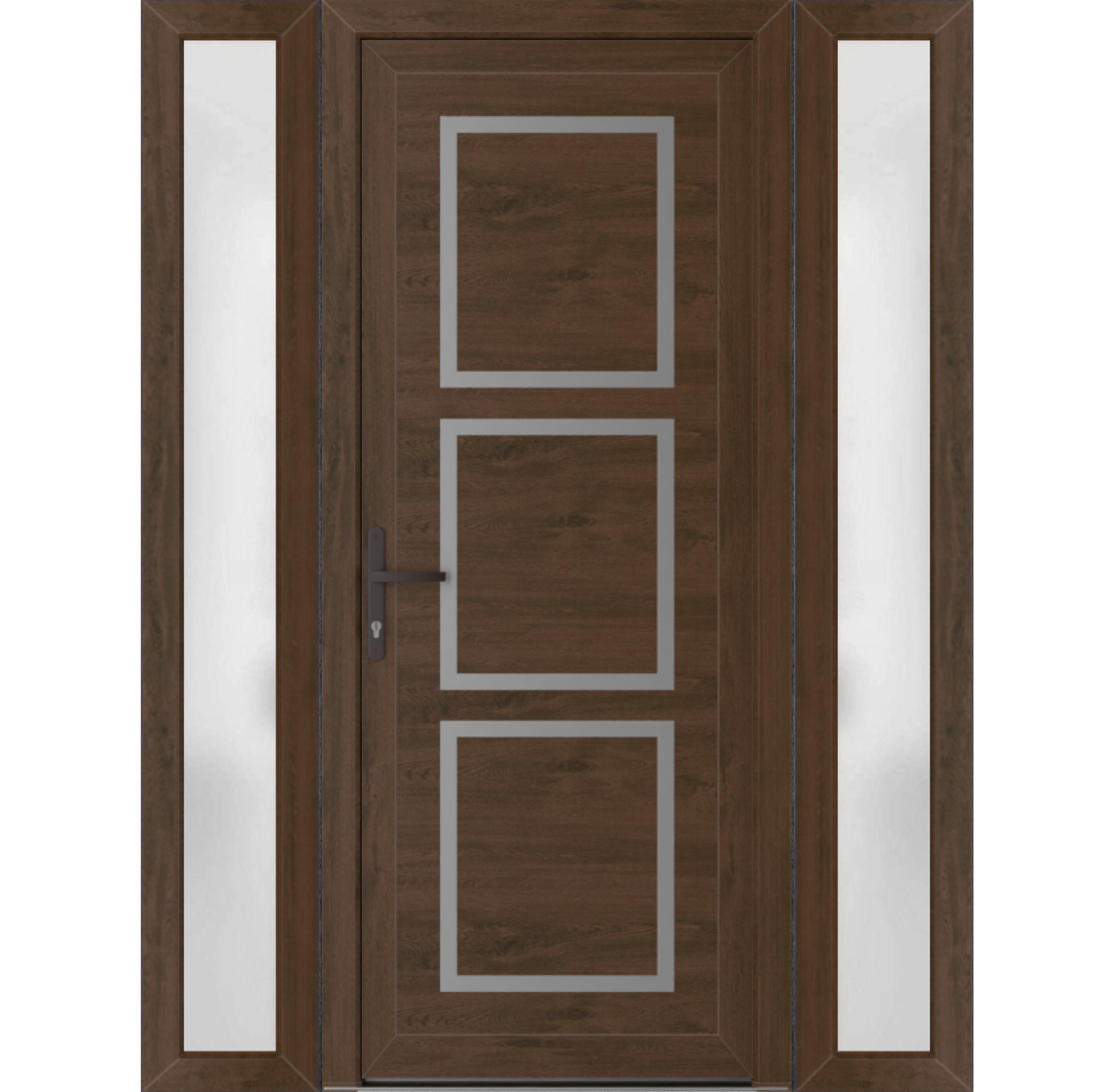 Front Exterior Prehung Metal-PlasticDoor | Manux 8661 Matte Black | 2 Side Sidelite Transoms | Office Commercial and Residential Doors Entrance Patio Garage 68" x 80" (W16+36+16" x H80") Right hand Inswing Walnut