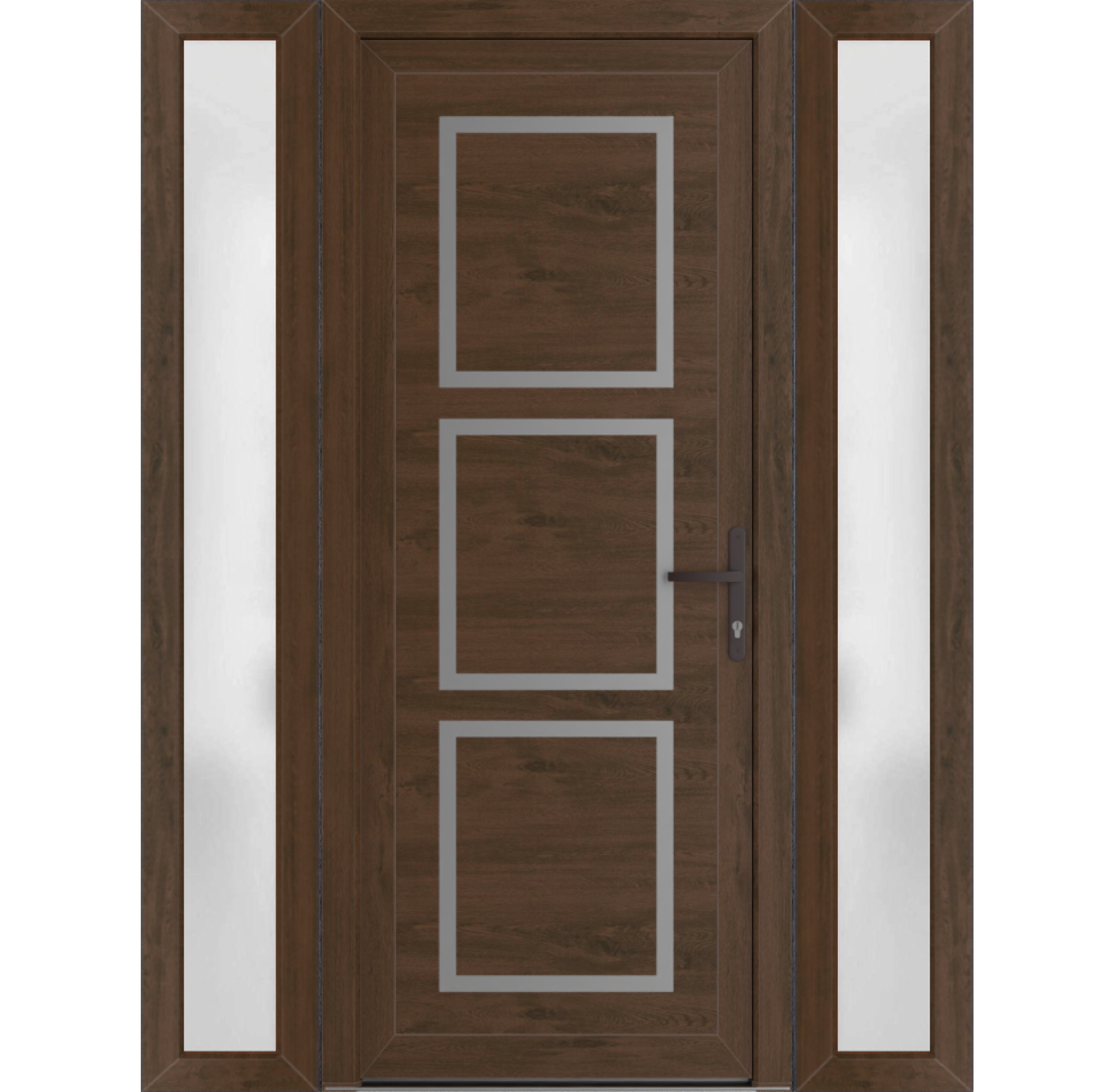 Front Exterior Prehung Metal-PlasticDoor | Manux 8661 Walnut | 2 Side Sidelite Transoms | Office Commercial and Residential Doors Entrance Patio Garage 68" x 80" (W16+36+16" x H80") Left hand Inswing Walnut