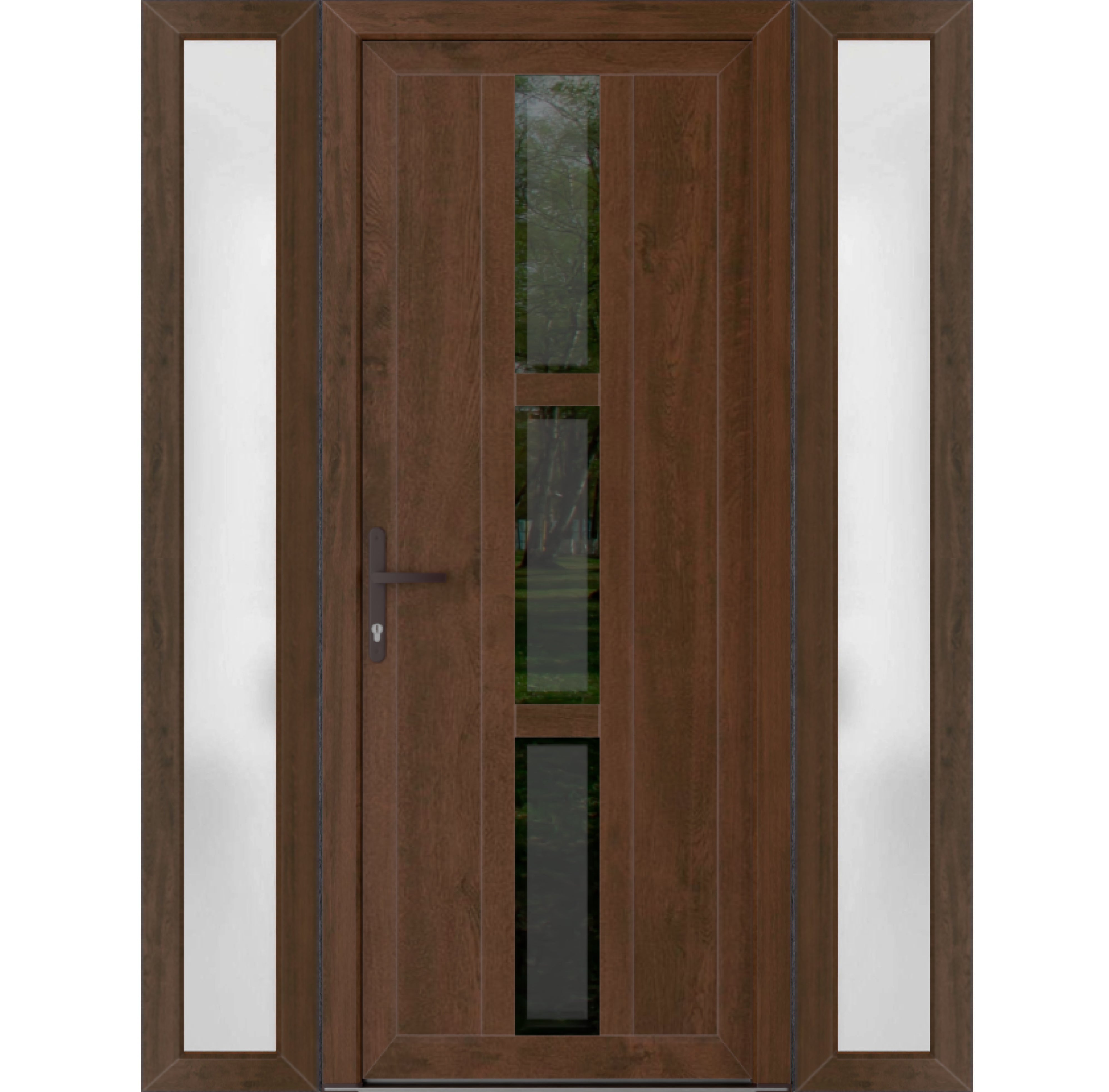 Front Exterior Prehung Metal-PlasticDoor | Manux 8112 Matte Black | 2 Side Sidelite Transoms | Office Commercial and Residential Doors Entrance Patio Garage 64" x 80" (W14+36+14" x H80") Right hand Inswing Walnut