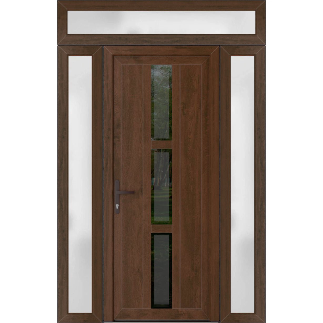 Front Exterior Prehung Metal-PlasticDoor | Manux 8112 Antracite Grey | 2 Side and Top Sidelite Transom | Office Commercial and Residential Doors Entrance Patio Garage 68" x 94" (W16+36+16" x H80+14") Right hand Inswing Walnut