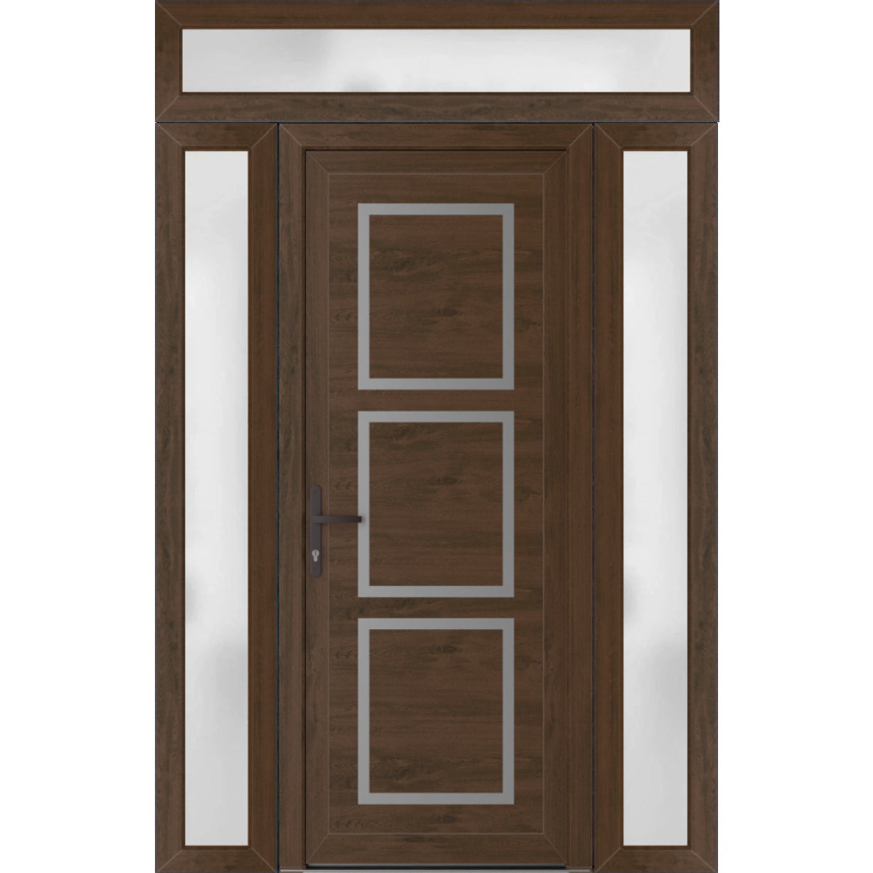 Front Exterior Prehung Metal-PlasticDoor | Manux 8661 Walnut | 2 Side and Top Sidelite Transom | Office Commercial and Residential Doors Entrance Patio Garage 60" x 94" (W12+36+12" x H80+14") Right hand Inswing Walnut