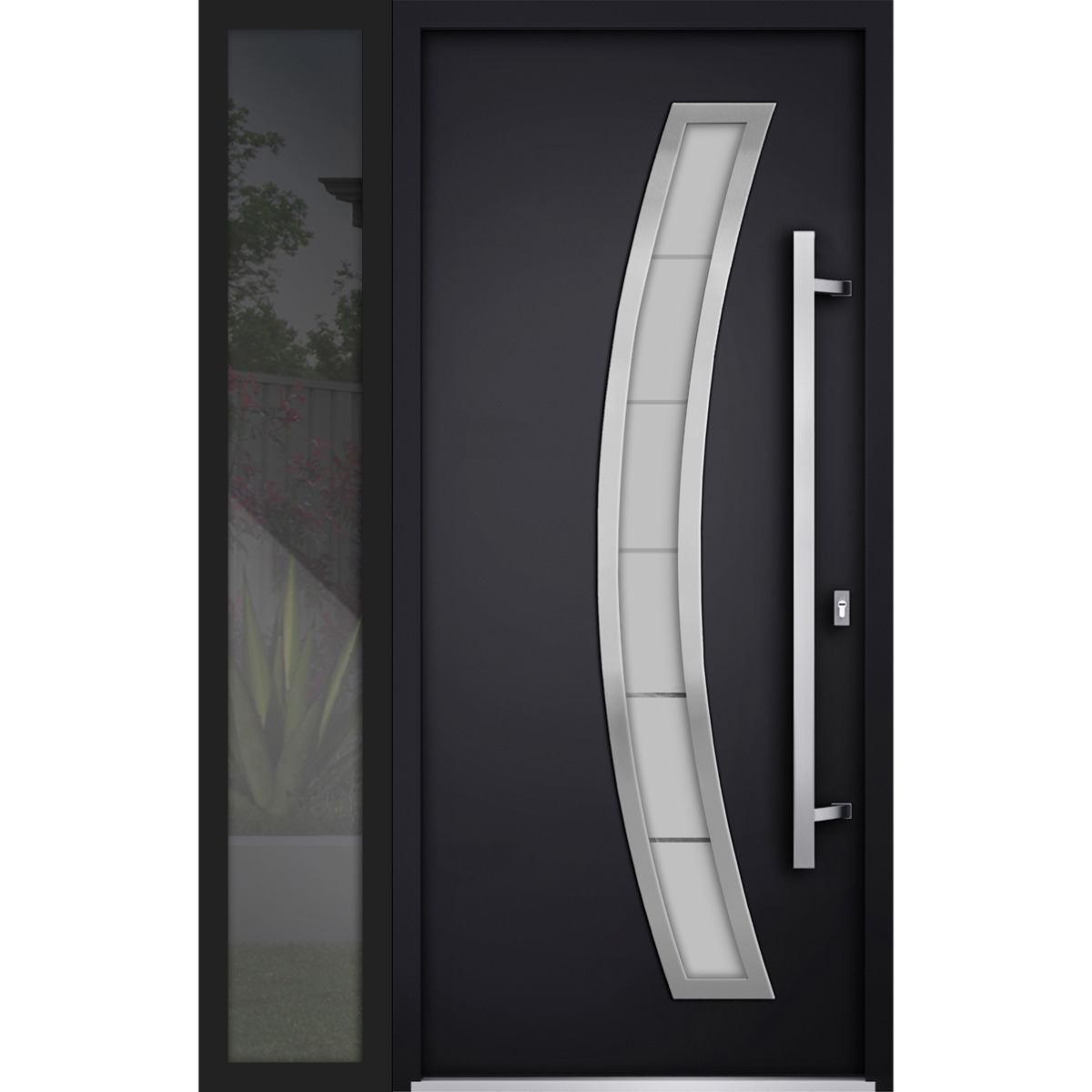 Front Exterior Prehung Steel Door / Deux 6500 Black / Side Exterior Window / Stainless Inserts Single Modern Painted-W36+12