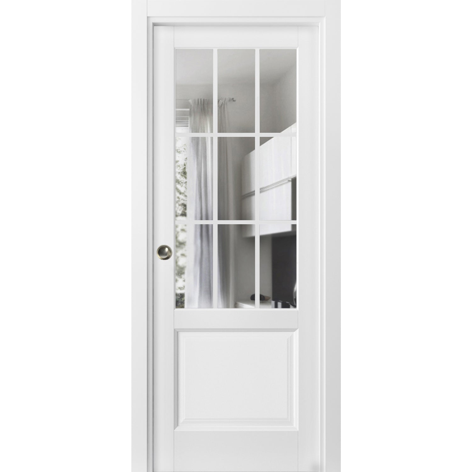 Sliding French Pocket Door with | Felicia 3599 White Silk with Clear Glass | Kit Trims Rail Hardware | Solid Wood Interior Bedroom Sturdy Doors-42