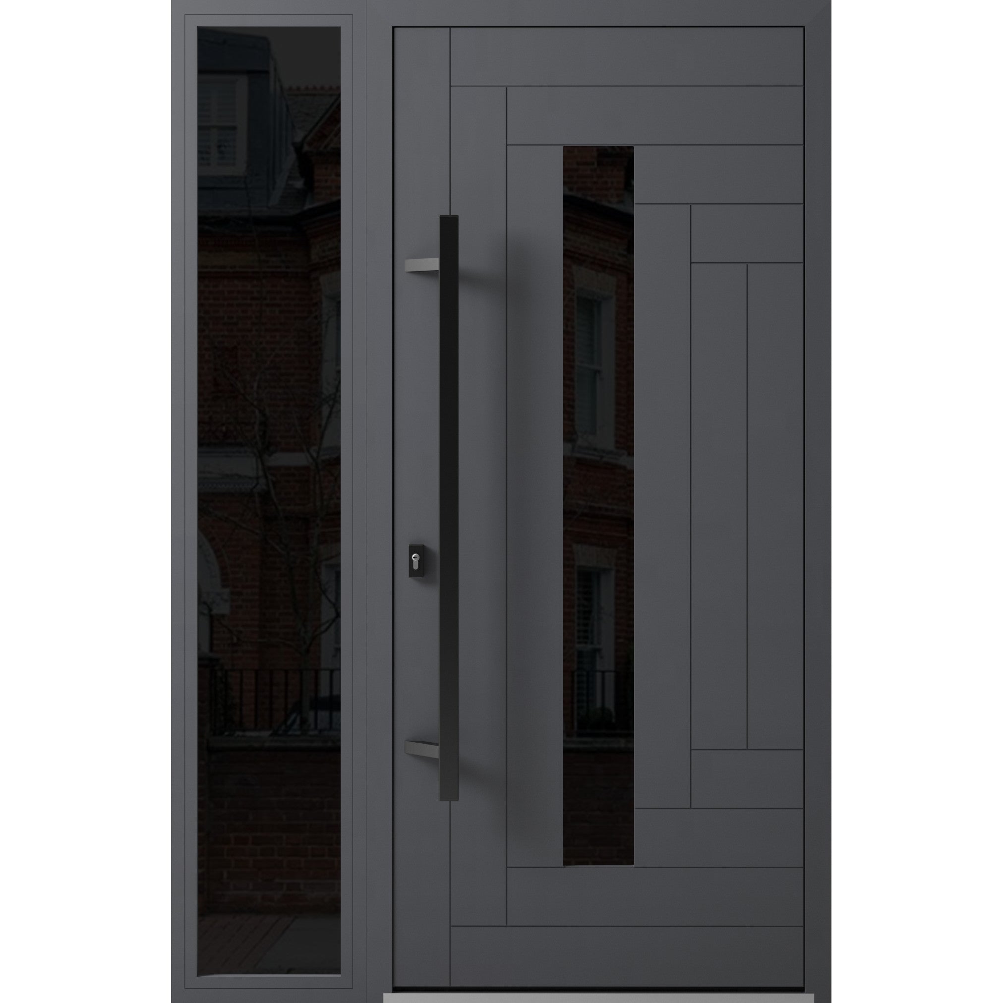 Front Exterior Prehung Steel Door / Ronex 0130 Grey / Sidelight Exterior Window Sidelite / Entry Metal Modern Painted W36+16" x H80" Right hand Inswing Gray