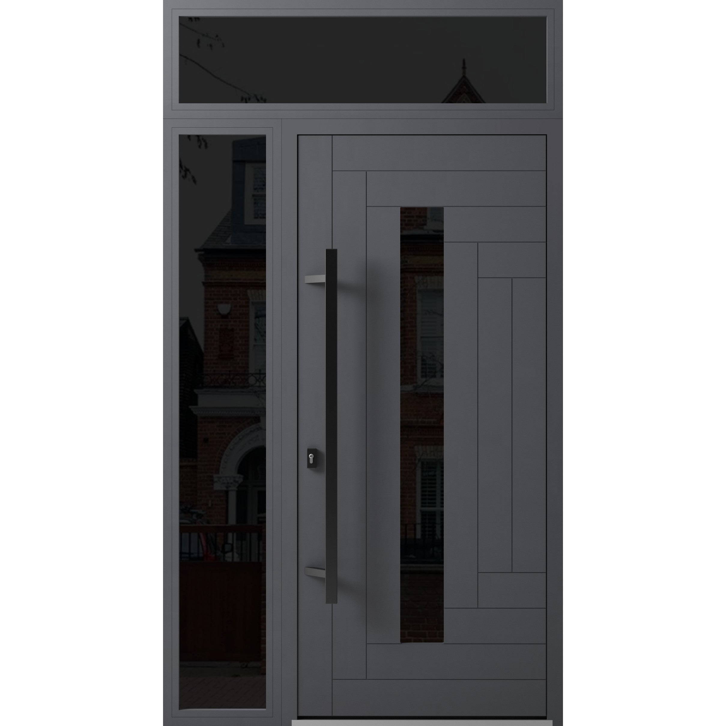 Front Exterior Prehung Steel Door / Ronex 0130 Grey / Sidelight and Transom Window Sidelite / Entry Metal Modern Painted W36+16" x H80+16" Right hand Inswing Gray
