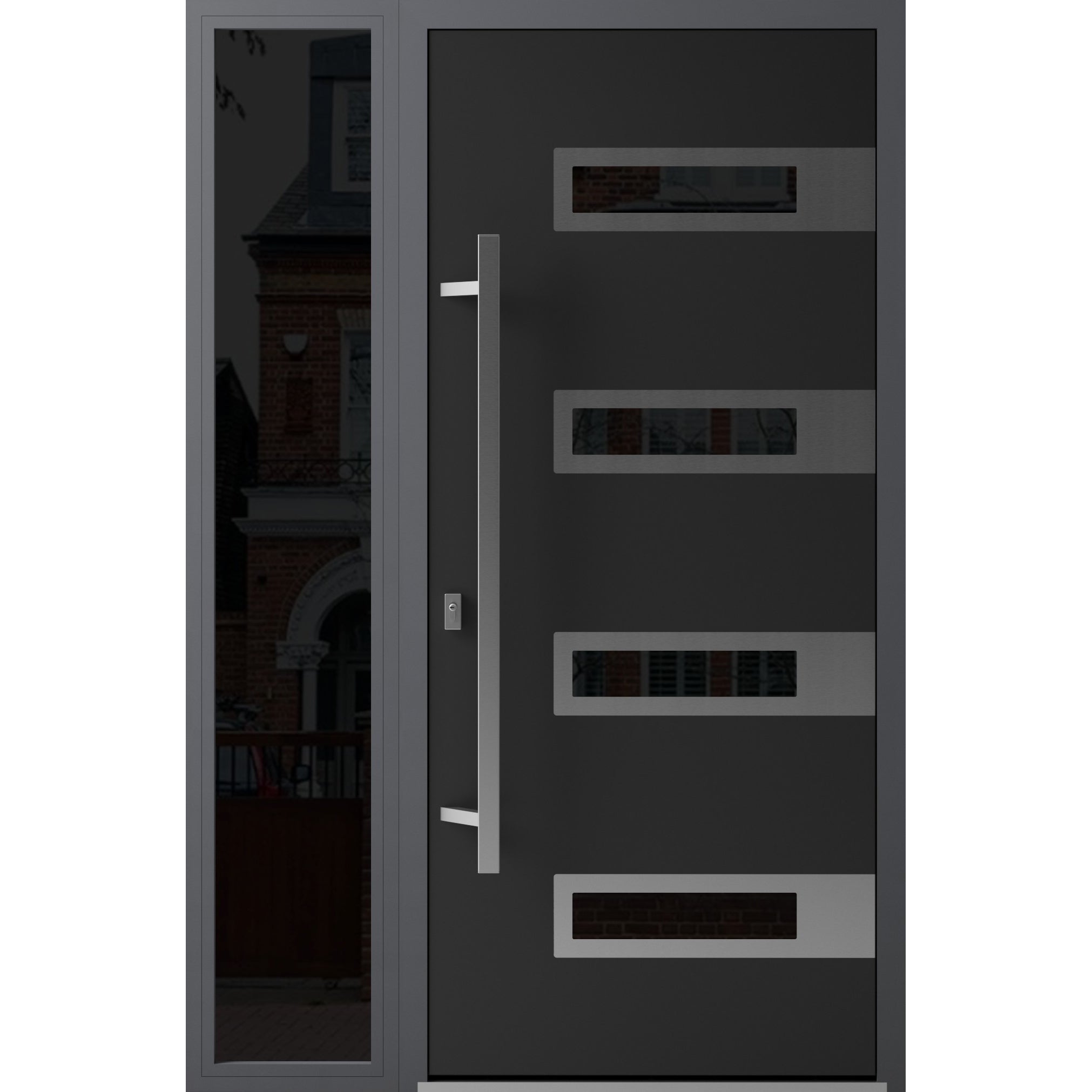 Front Exterior Prehung Steel Door / Ronex 0131 Grey / Sidelight Exterior Window Sidelite / Entry Metal Modern Painted W36+16" x H80" Right hand Inswing Black