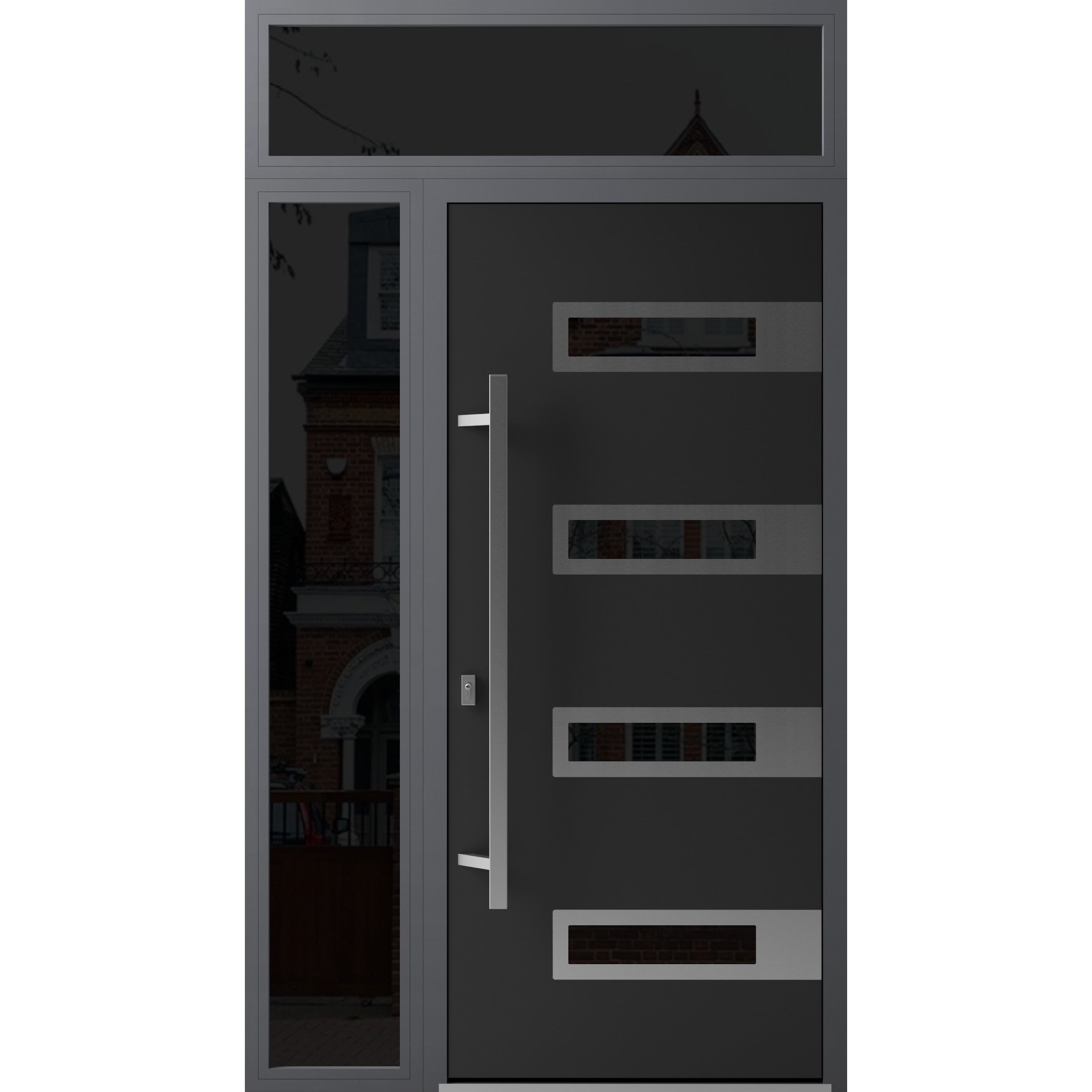 Front Exterior Prehung Steel Door / Ronex 0131 Black Enamel / Sidelight and Transom Window Sidelite / Stainless Inserts Entry Metal Modern Painted W36+12" x H80+16" Right hand Inswing Black