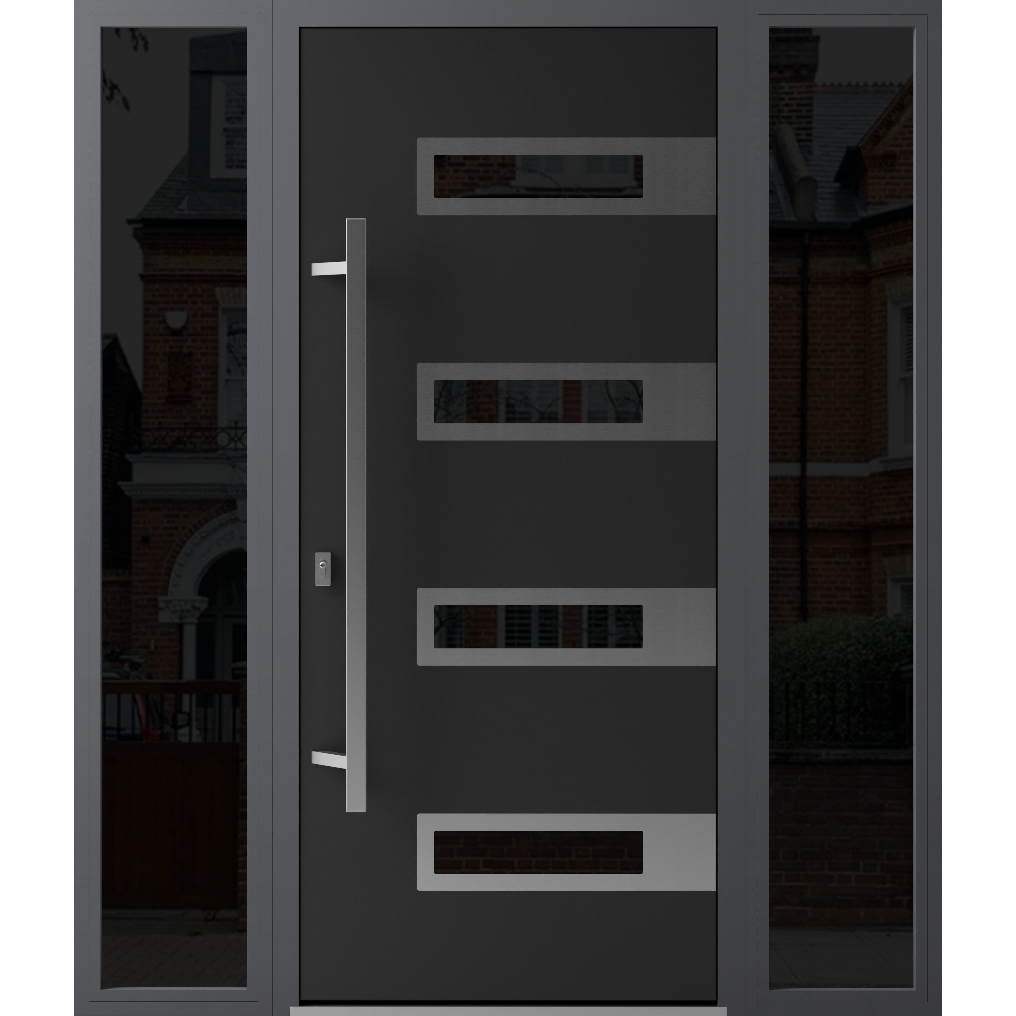 Front Exterior Prehung Steel Door / Ronex 0131 Black Enamel / 2 Sidelight Exterior Windows Sidelites/ Stainless Inserts Entry Metal Modern Painted W14+36+14" x H80" Right hand Inswing Black