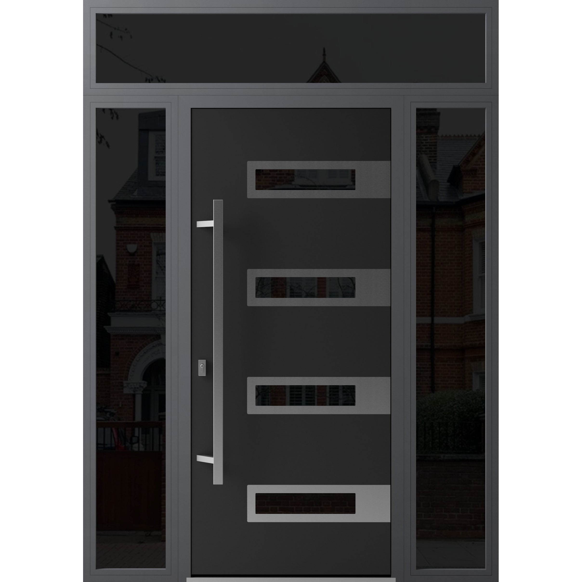 Front Exterior Prehung Steel Door / Ronex 0131 Black Enamel / 2 Sidelight and Transom Window Sidelite / Stainless Inserts Entry Metal Modern Painted W12+36+12" x H80+16" Right hand Inswing Black