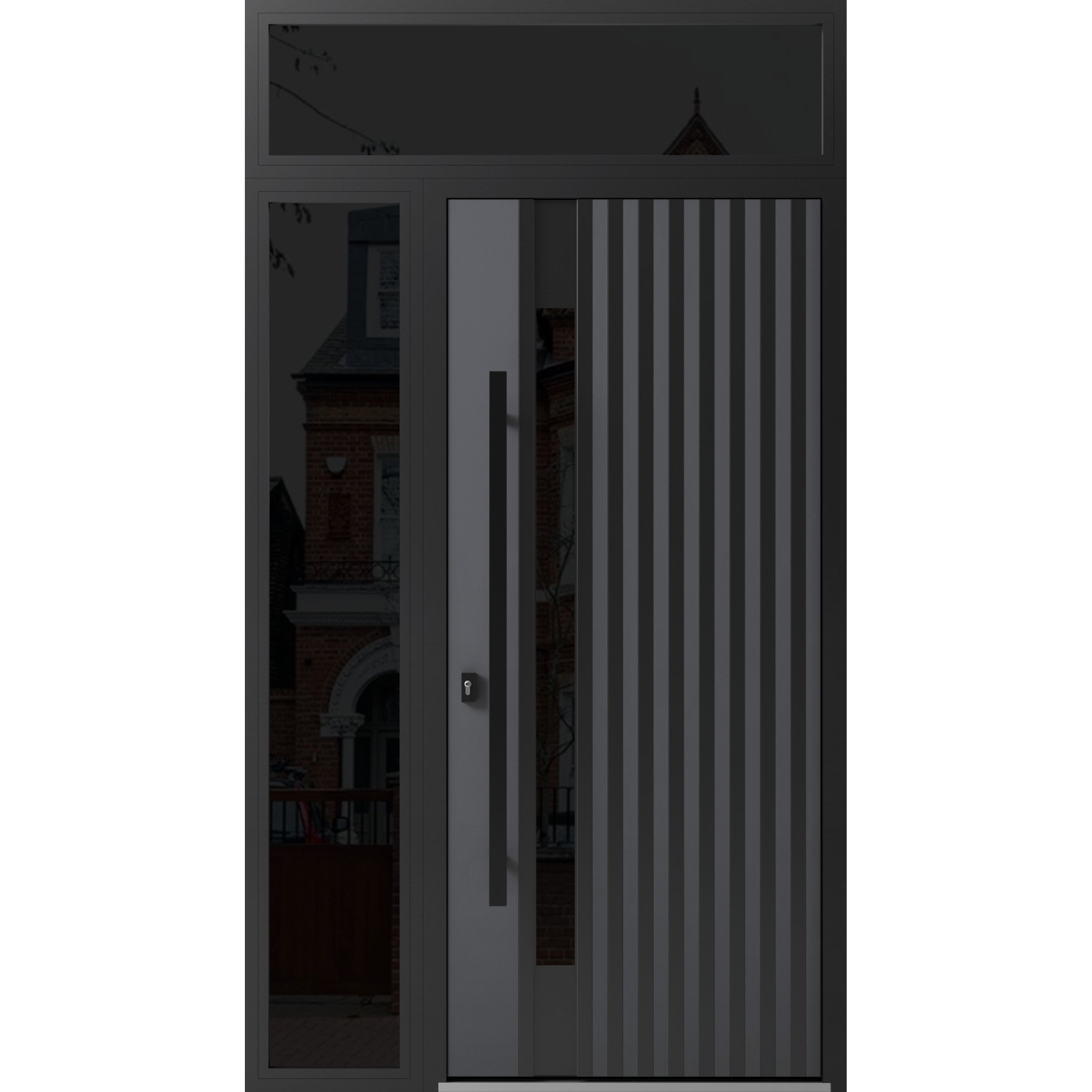 Front Exterior Prehung Steel Door / Ronex 0144 Grey / Sidelight and Transom Window Sidelite / Entry Metal Modern Painted W36+12" x H80+16" Right hand Inswing Gray
