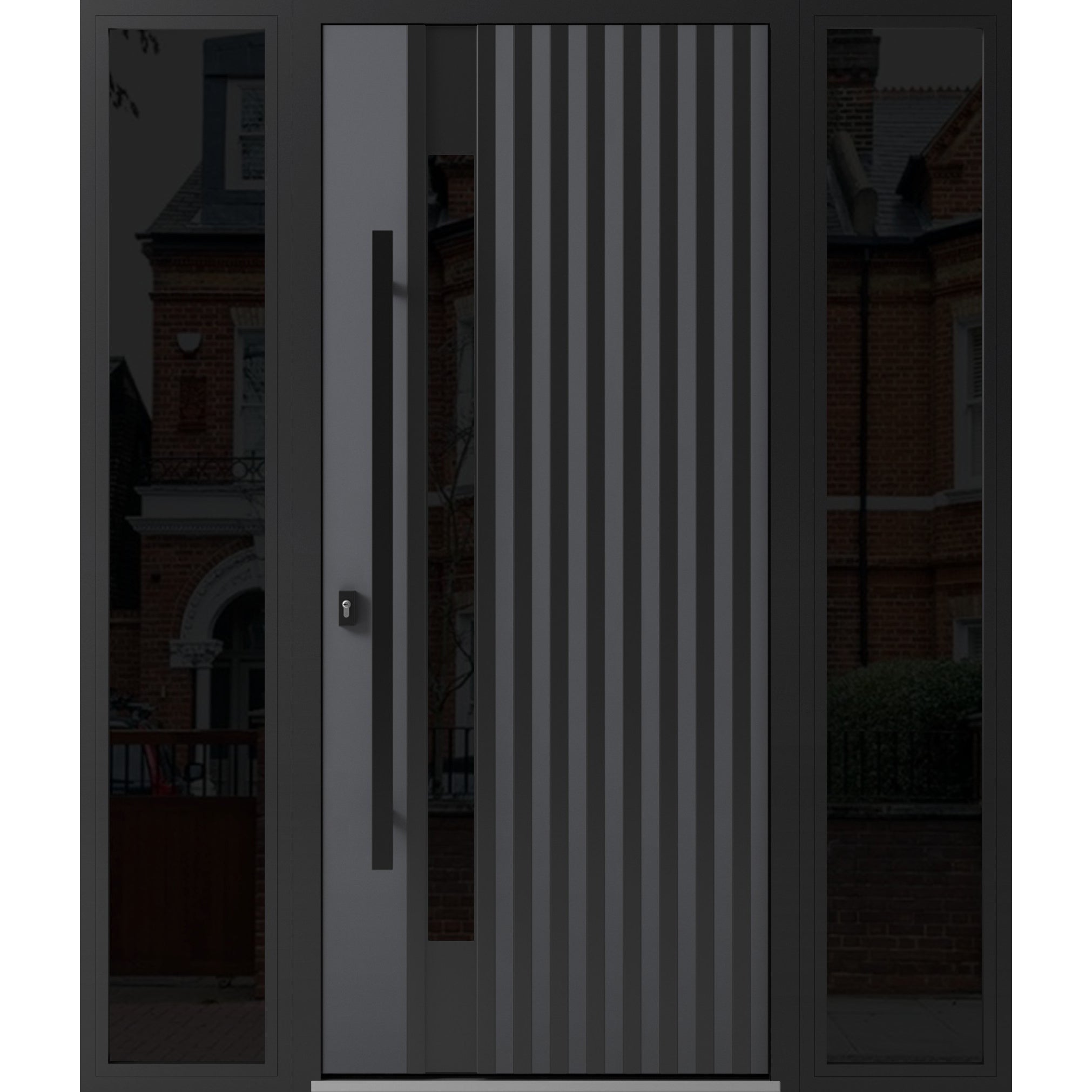 Front Exterior Prehung Steel Door / Ronex 0144 Grey / 2 Sidelight Exterior Windows Sidelites/ Entry Metal Modern Painted W14+36+14" x H80" Right hand Inswing Gray