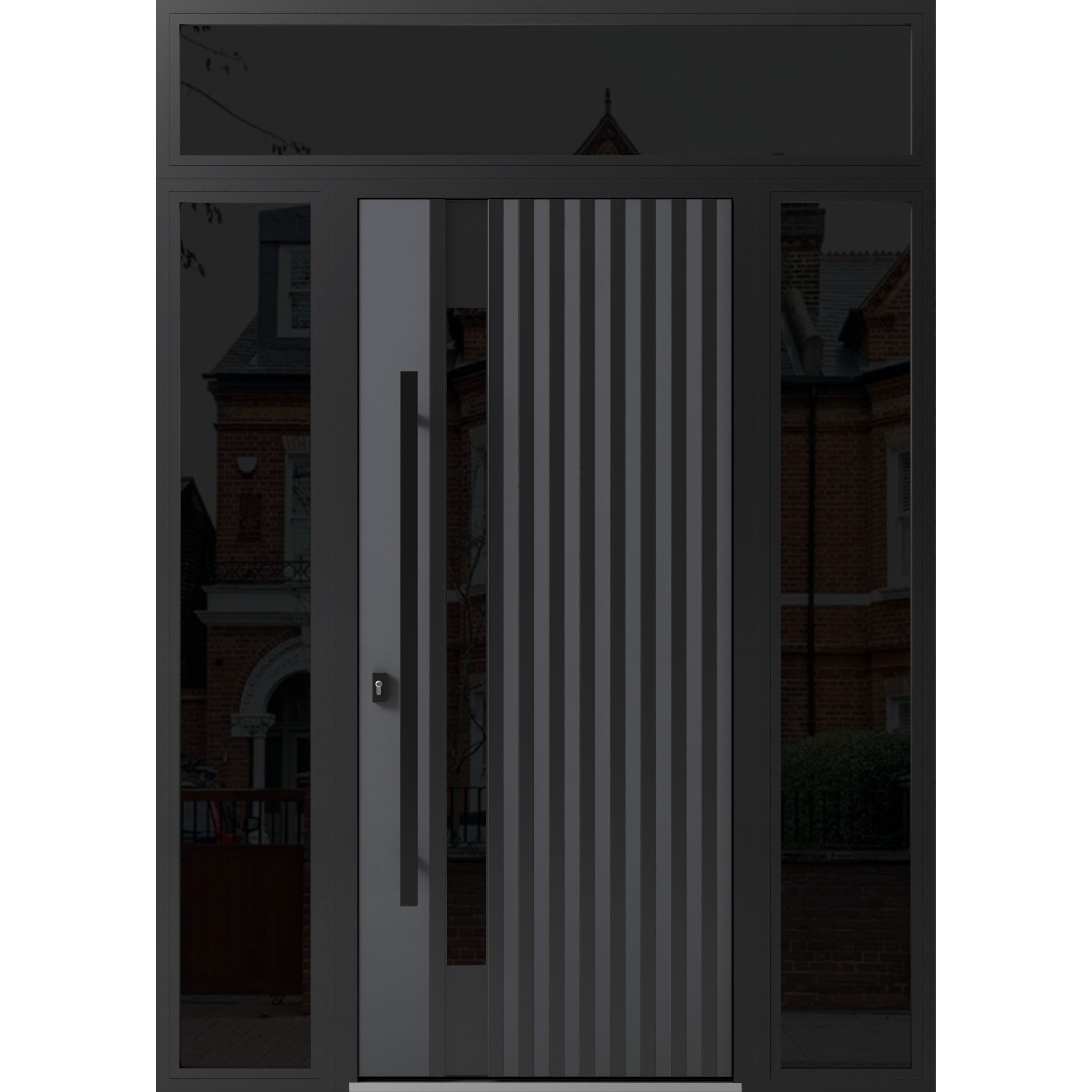 Front Exterior Prehung Steel Door / Ronex 0144 Grey / 2 Sidelight and Transom Window Sidelite / Entry Metal Modern Painted W16+36+16" x H80+16" Right hand Inswing Gray