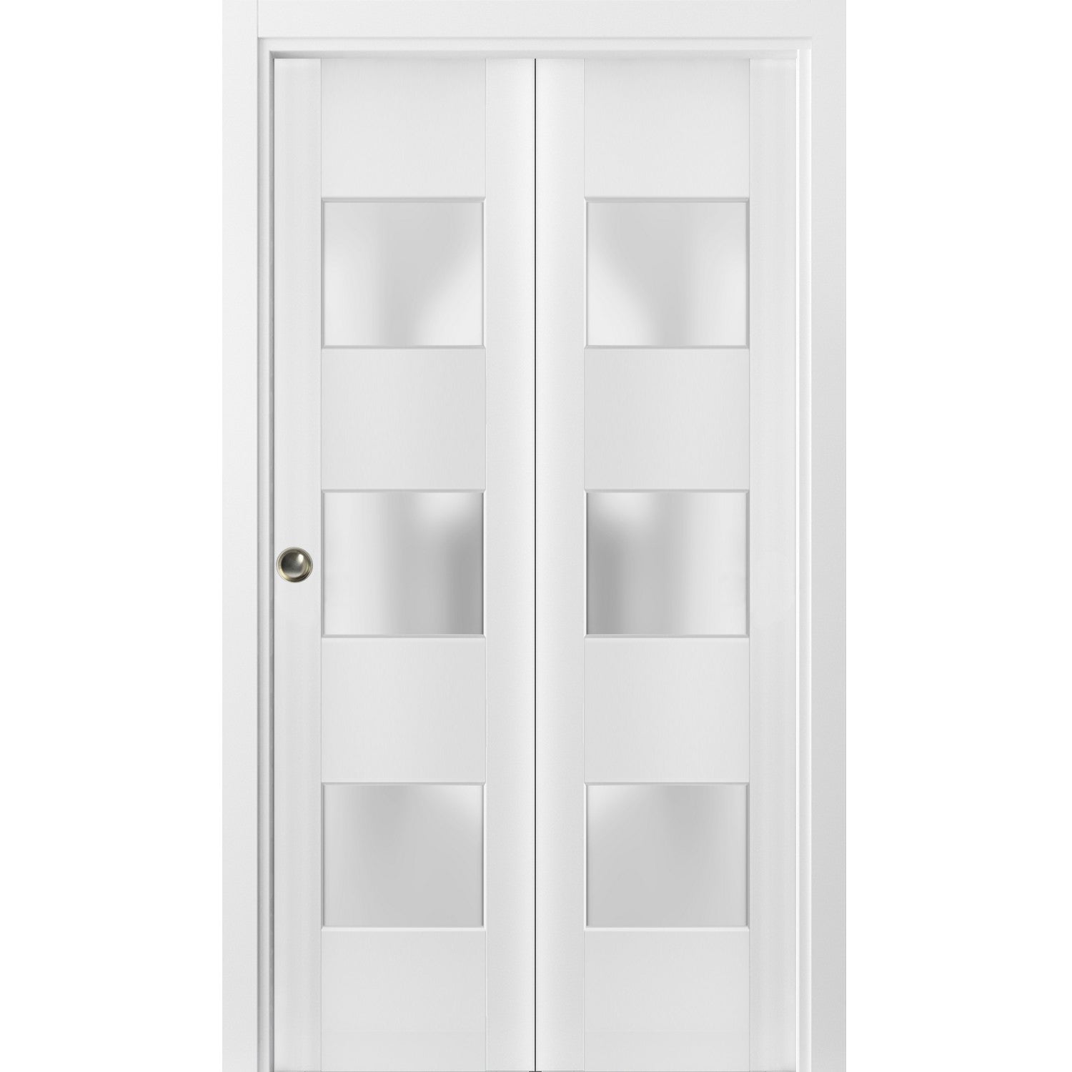 Sliding Closet Bi-fold Doors | Lucia 4070 White Silk with Frosted Glass | Sturdy Tracks Moldings Trims Hardware Set | Wood Solid Bedroom Wardrobe Doors  White