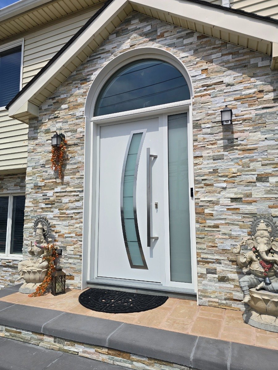 Front Exterior Prehung Steel Door / Deux 6500 White / Sidelight and Transom Window / Stainless Inserts Single Modern Painted-W36+16" x H80+16"-Right-hand Inswing photo#24