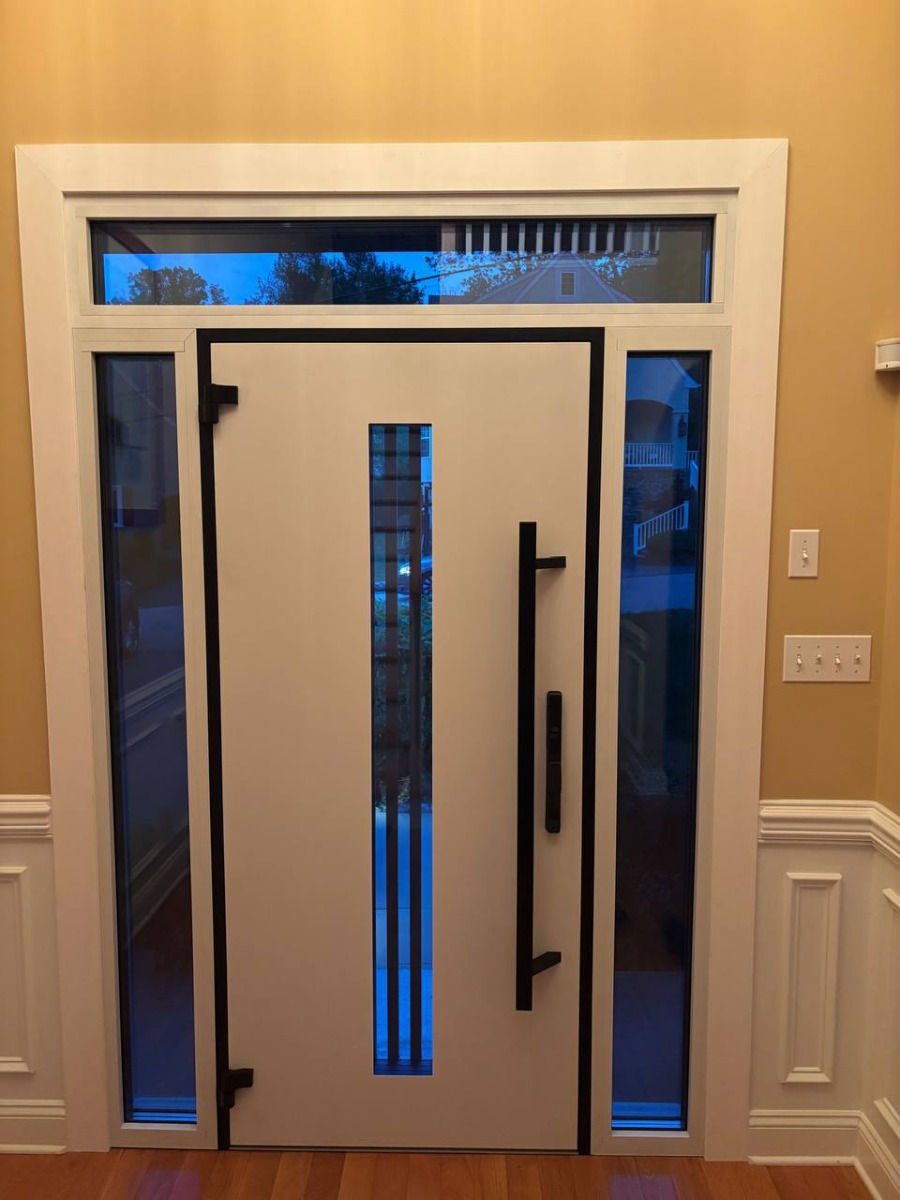 Front Exterior Prehung Steel Door / Ronex 1055 Teak / 2 Sidelight and Transom Window Sidelite / Entry Metal Modern Painted W12+36+12" x H80+16" Left hand Inswing photo#13