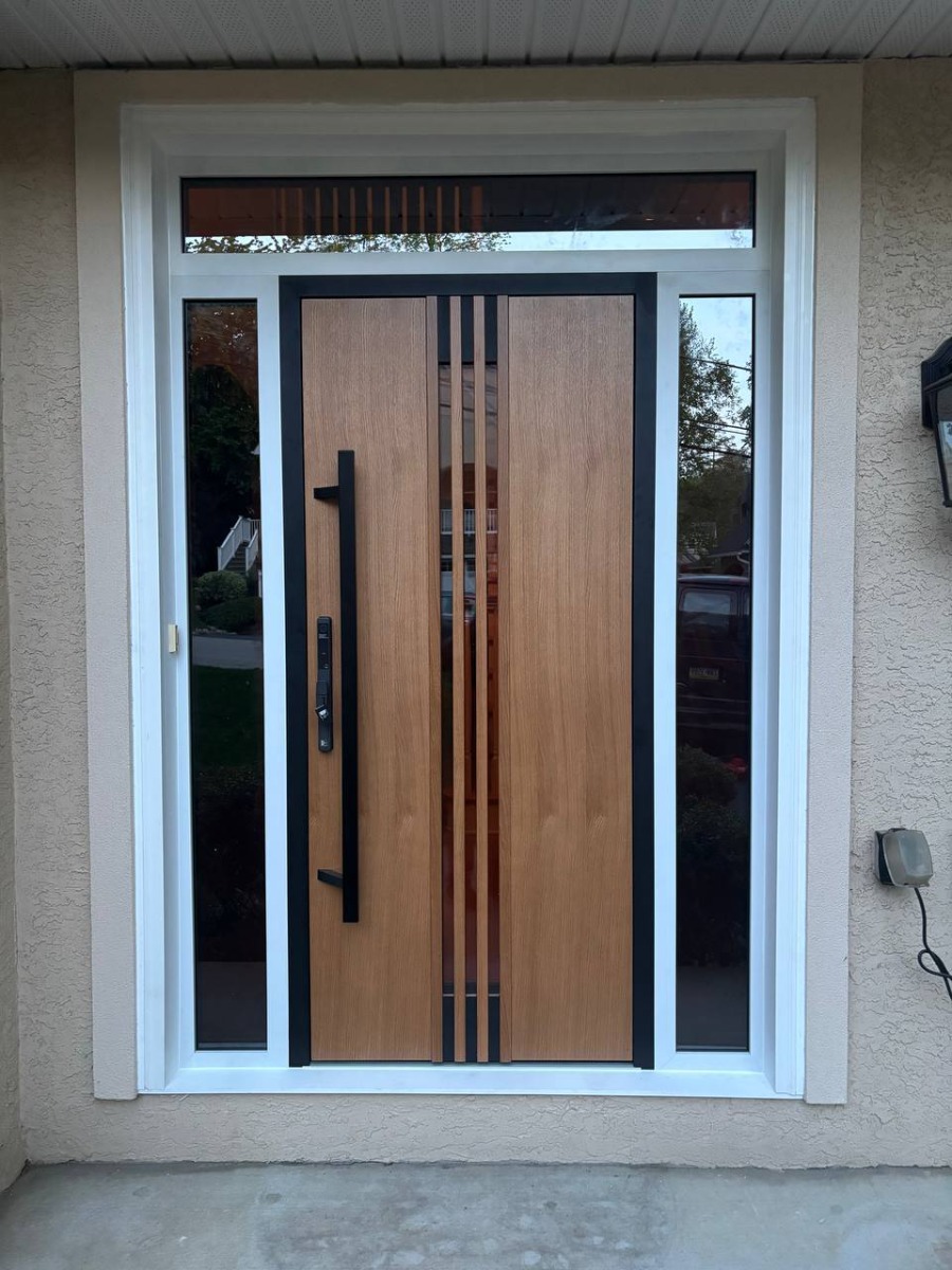 Front Exterior Prehung Steel Door / Ronex 1055 Teak / 2 Sidelight and Transom Window Sidelite / Entry Metal Modern Painted W12+36+12" x H80+16" Left hand Inswing photo#12
