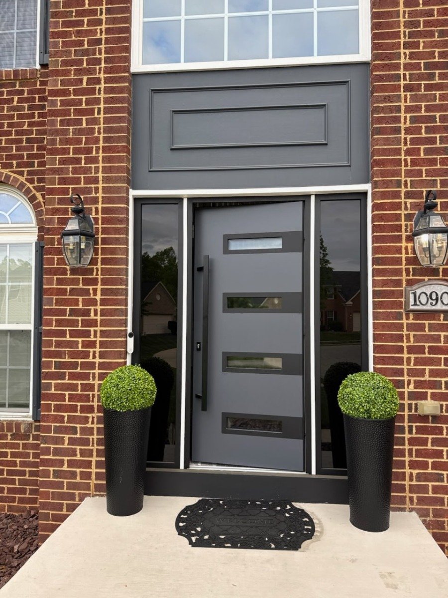 Front Exterior Prehung Steel Door / Ronex 0131 Grey / 2 Sidelight and Transom Window Sidelite / Entry Metal Modern Painted W14+36+14" x H80+16" Left hand Inswing photo#21