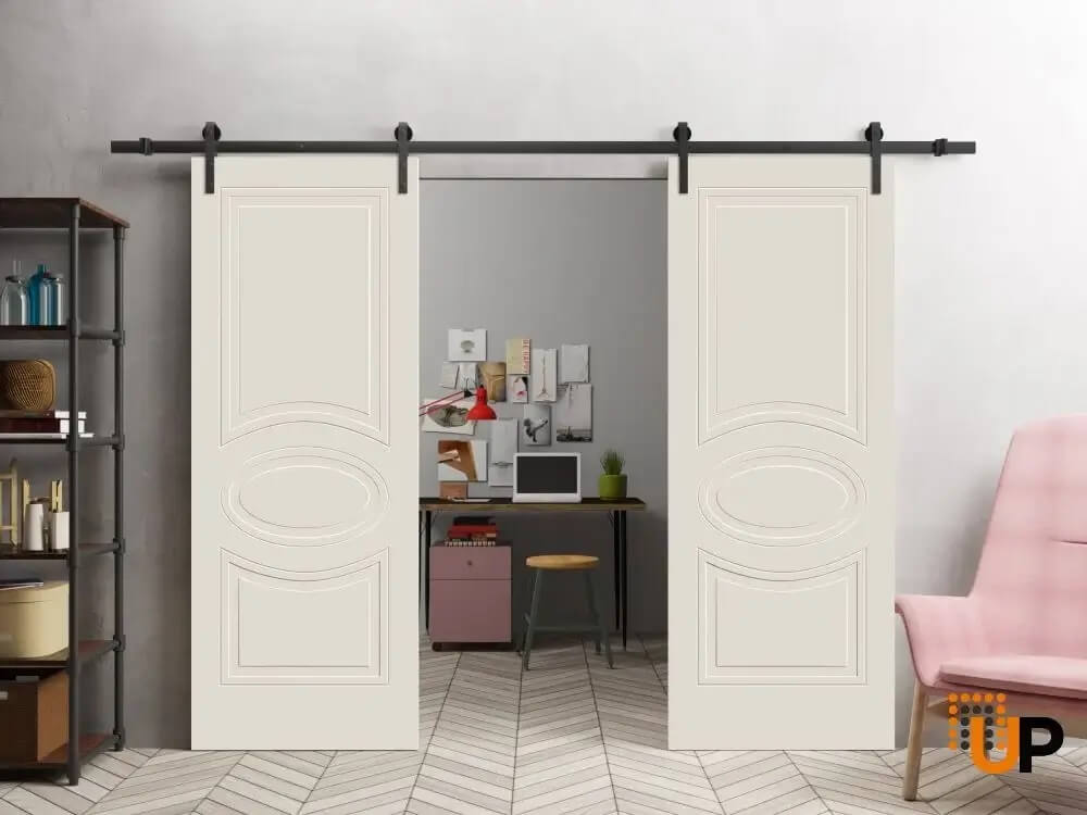 Photo of Modern Double Barn Door 36" x 80" inches / Mela 7001 Painted Creamy / 13FT Rail Track Set / Solid Panel Interior Doors