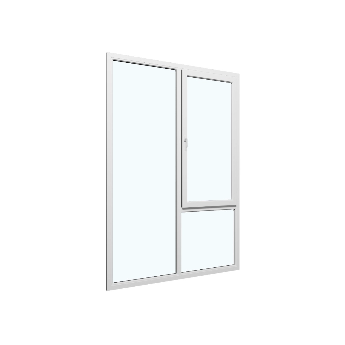Three-Part Window Aluminum, Size 59 x 87, Upper Section Operable, Black Color, Black Frame Color, Double Pane, Transpered Glass (View from inside) White