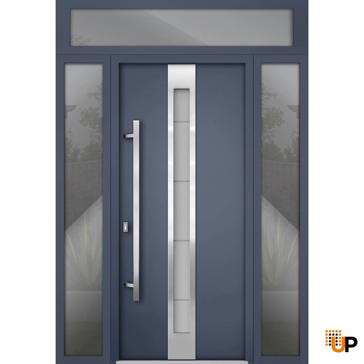 Front Exterior Prehung Steel Door / Deux 1717 Gray Graphite / 2 Sidelight and Transom Window / Stainless Inserts Single Modern Painted-W16+36+16" x H96+16"-Right-hand Outswing photo#1