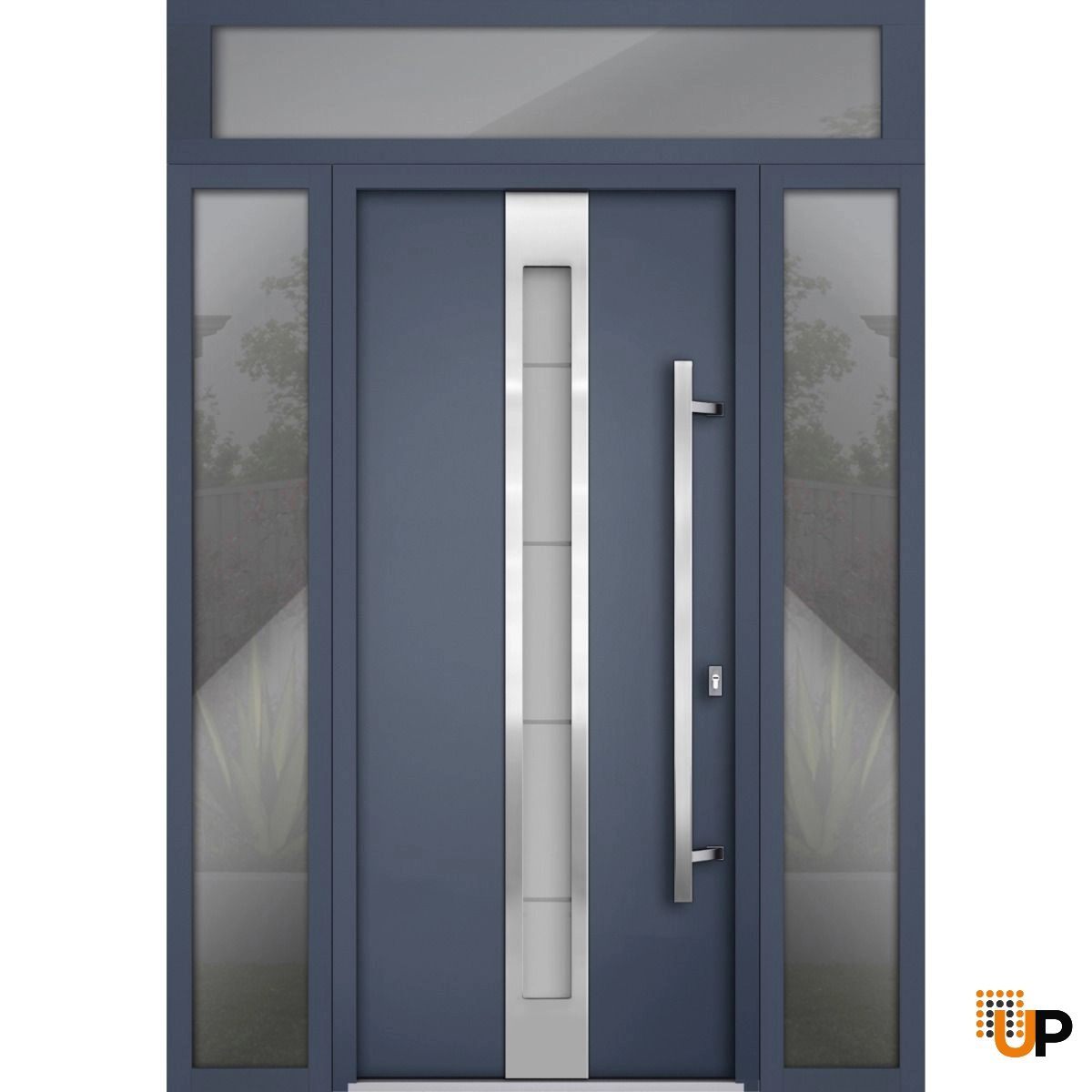 Front Exterior Prehung Steel Door / Deux 1717 Gray Graphite / 2 Sidelight and Transom Window / Stainless Inserts Single Modern Painted-W16+36+16" x H96+16"-Left-hand Inswing photo#1