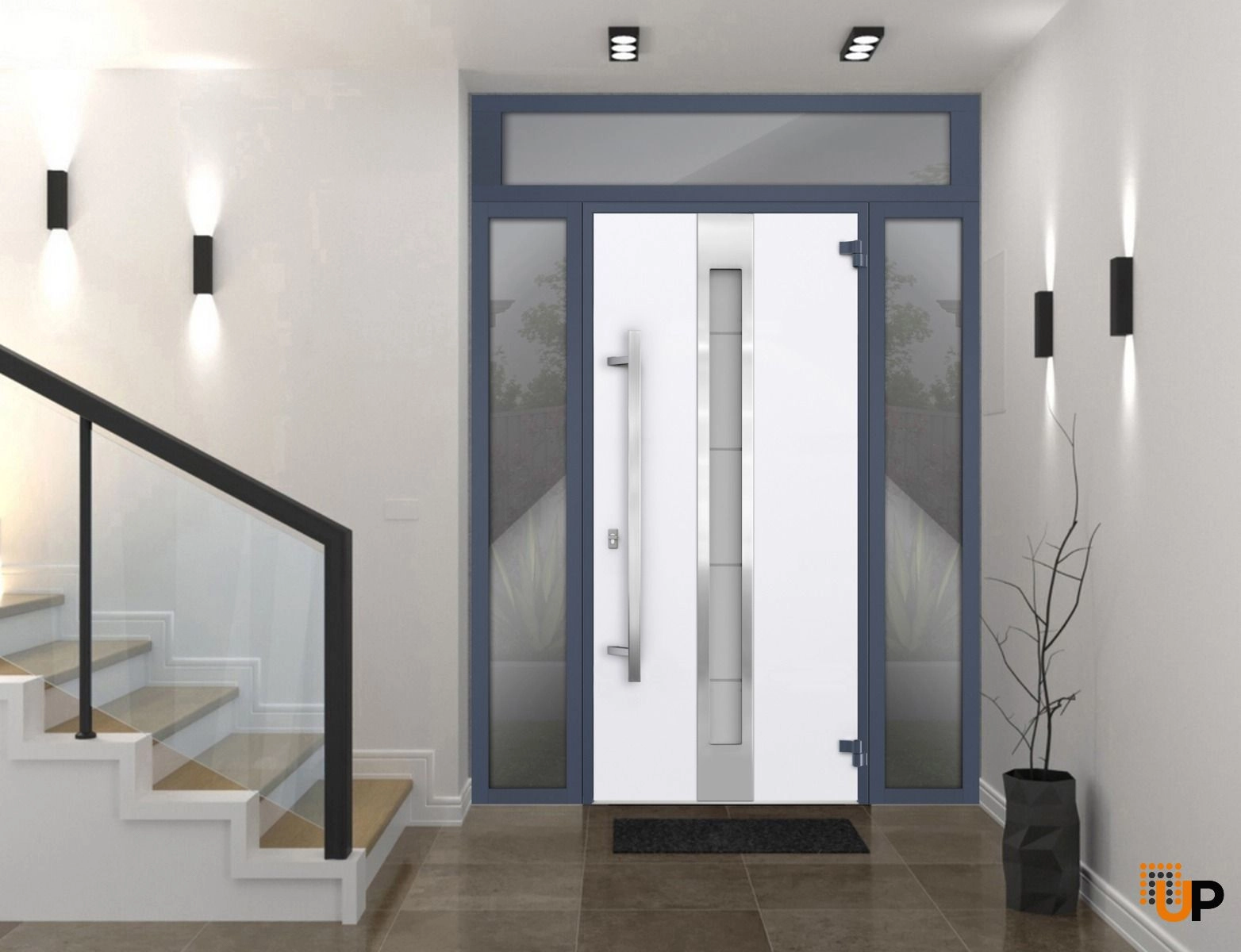 Front Exterior Prehung Steel Door / Deux 1717 Gray Graphite / 2 Sidelight and Transom Window / Stainless Inserts Single Modern Painted-W16+36+16" x H96+16"-Left-hand Inswing photo#2