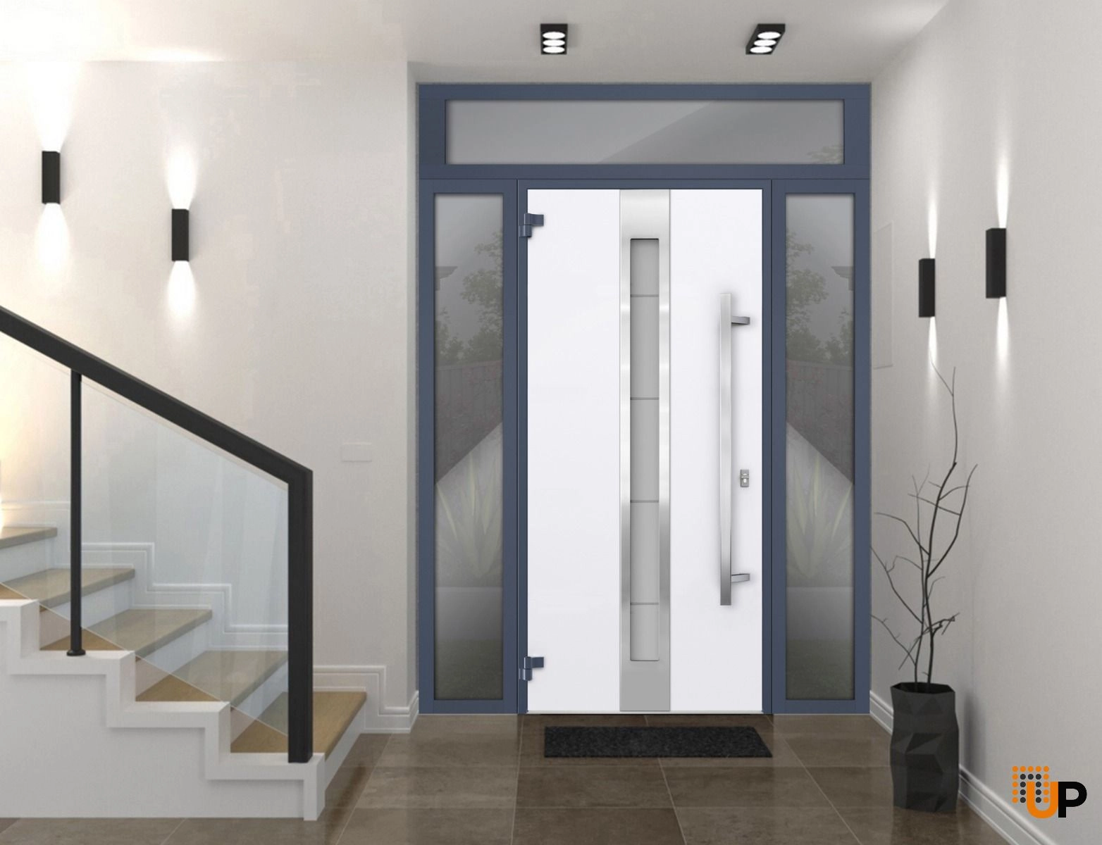 Front Exterior Prehung Steel Door / Deux 1717 Gray Graphite / 2 Sidelight and Transom Window / Stainless Inserts Single Modern Painted-W12+36+12" x H80+14"-Right-hand Inswing photo#2