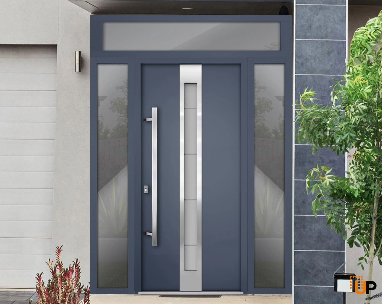 Front Exterior Prehung Steel Door / Deux 1717 Gray Graphite / 2 Sidelight and Transom Window / Stainless Inserts Single Modern Painted-W16+36+16" x H96+16"-Right-hand Outswing photo#3