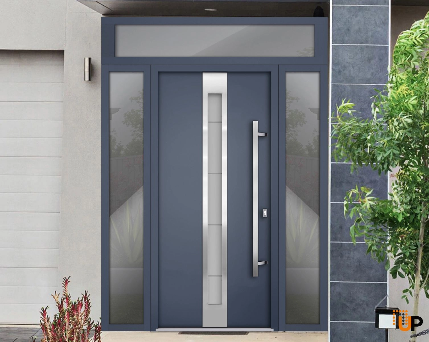 Front Exterior Prehung Steel Door / Deux 1717 Gray Graphite / 2 Sidelight and Transom Window / Stainless Inserts Single Modern Painted-W16+36+16" x H96+16"-Left-hand Inswing photo#3