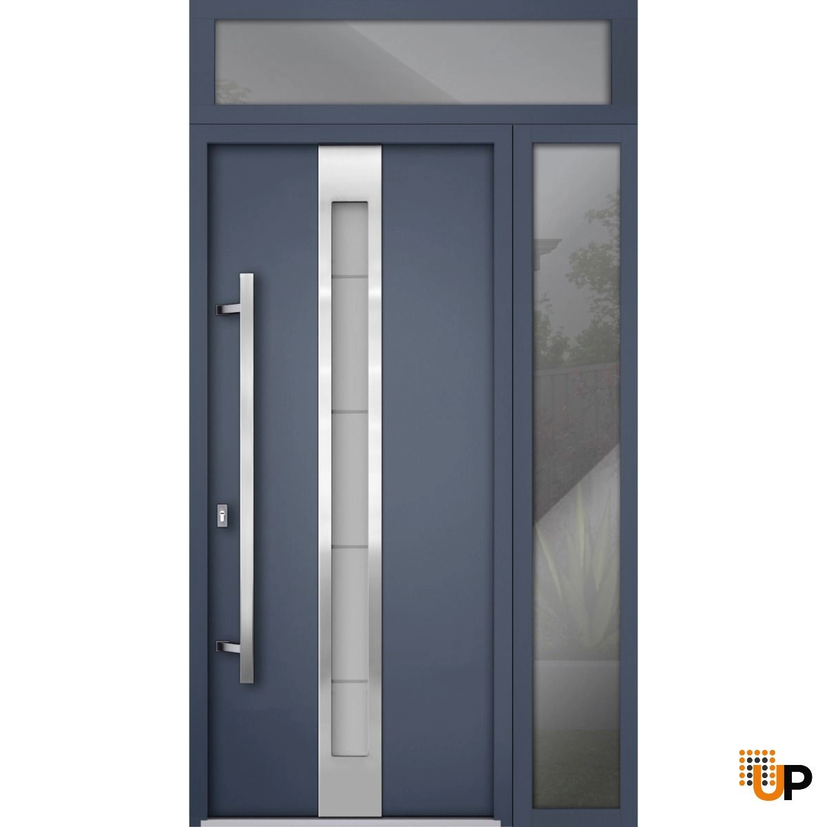 Front Exterior Prehung Steel Door / Deux 1717 Gray Graphite / Sidelight and Transom Window / Stainless Inserts Single Modern Painted-W36+12" x H96+14"-Right-hand Inswing photo#1