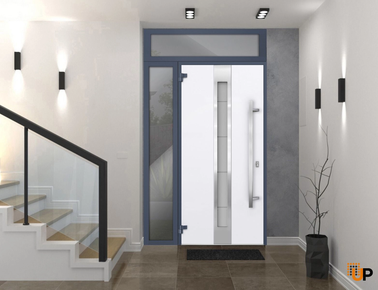 Front Exterior Prehung Steel Door / Deux 1717 Gray Graphite / Sidelight and Transom Window / Stainless Inserts Single Modern Painted-W36+12" x H96+14"-Right-hand Inswing photo#2