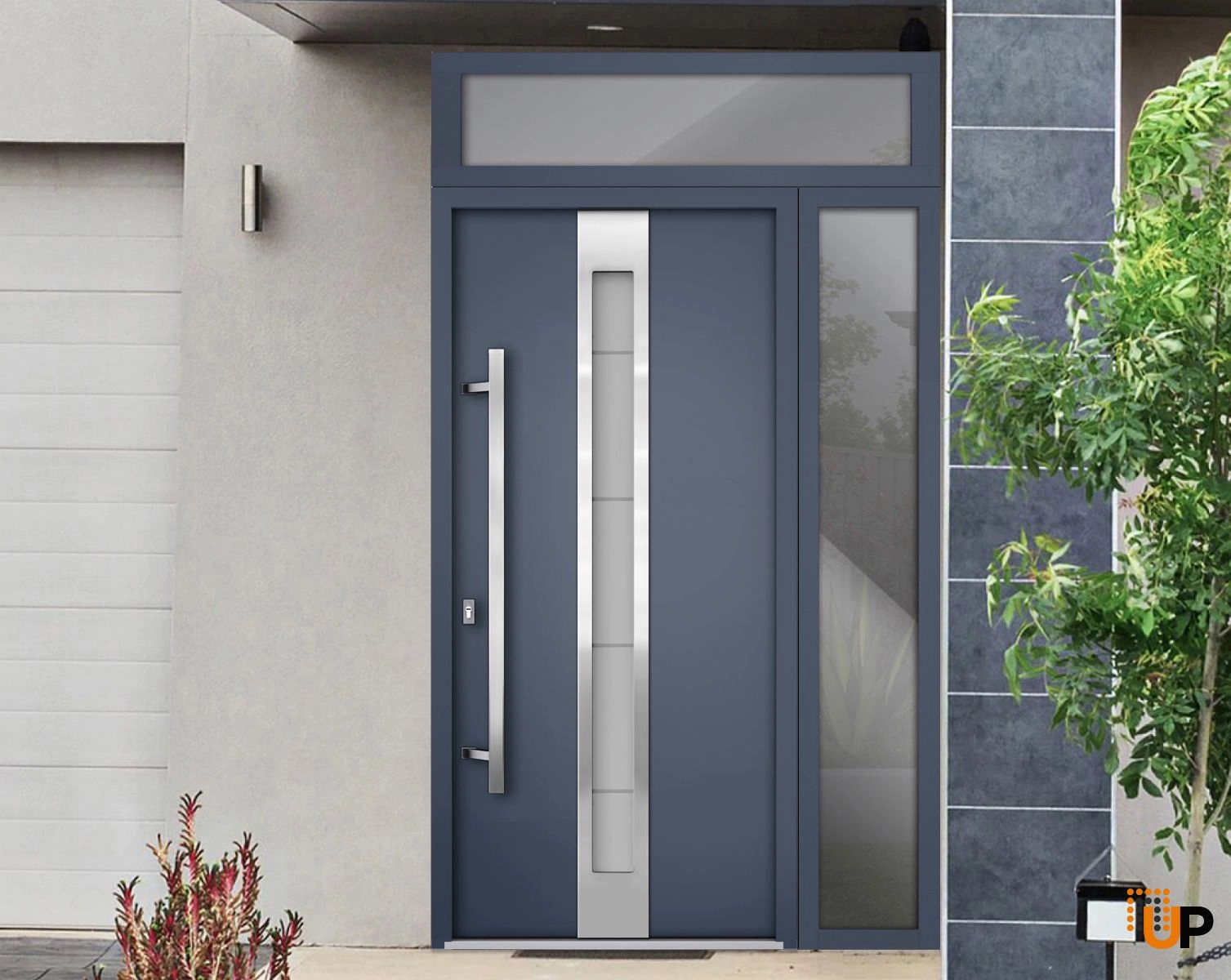 Front Exterior Prehung Steel Door / Deux 1717 Gray Graphite / Sidelight and Transom Window / Stainless Inserts Single Modern Painted-W36+12" x H96+14"-Right-hand Inswing photo#3