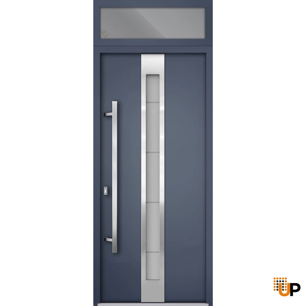 Front Exterior Prehung Steel Door / Deux 1717 Gray Graphite / Transom Window / Stainless Inserts Single Modern Painted-W36" x H96+14"-Right-hand Inswing photo#1