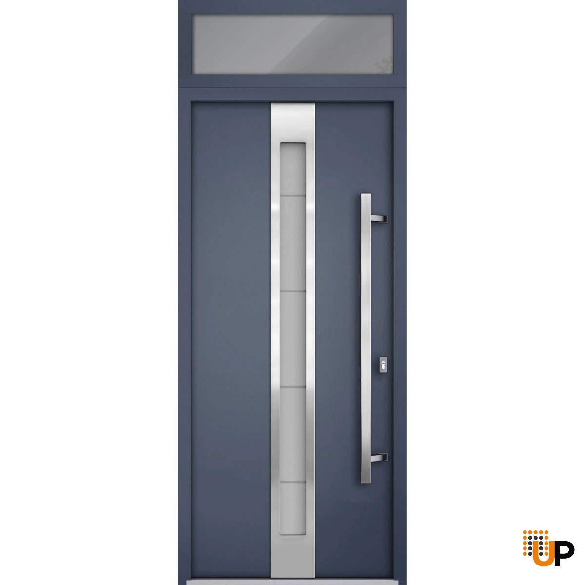 Front Exterior Prehung Steel Door / Deux 1717 Gray Graphite / Transom Window / Stainless Inserts Single Modern Painted-W36" x H80+12"-Left-hand Inswing photo#1