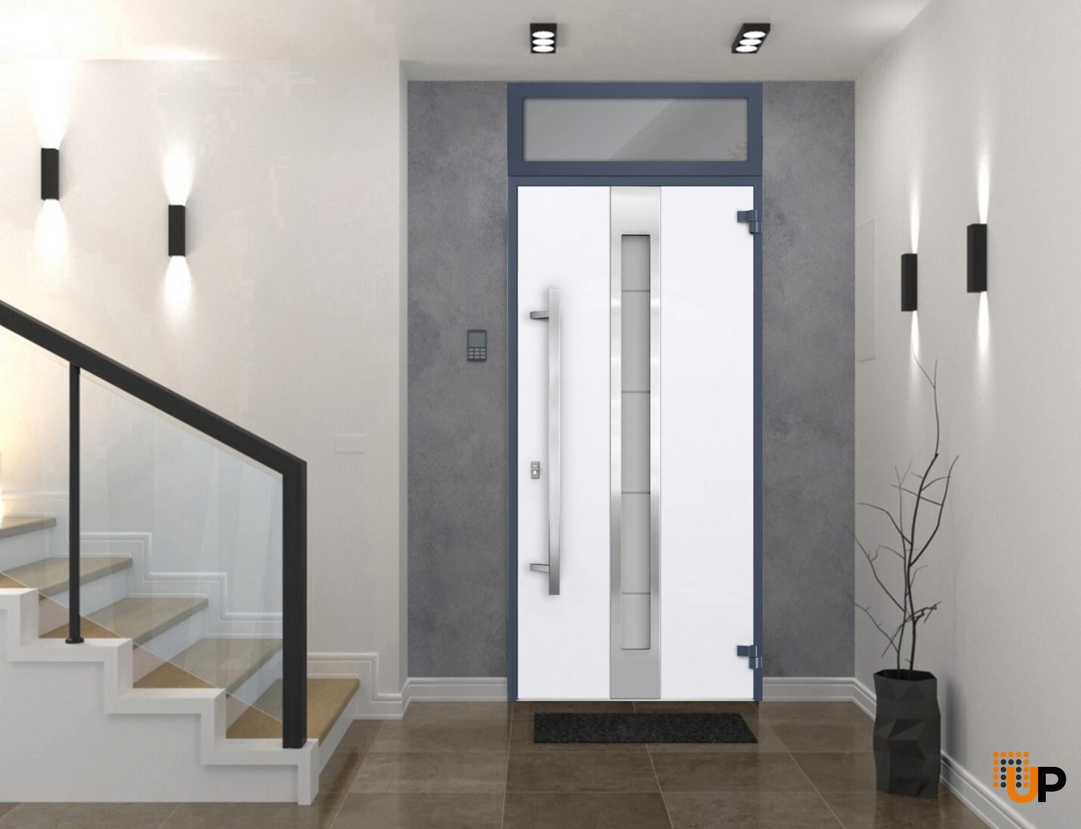 Front Exterior Prehung Steel Door / Deux 1717 Gray Graphite / Transom Window / Stainless Inserts Single Modern Painted-W36" x H80+12"-Left-hand Inswing photo#2