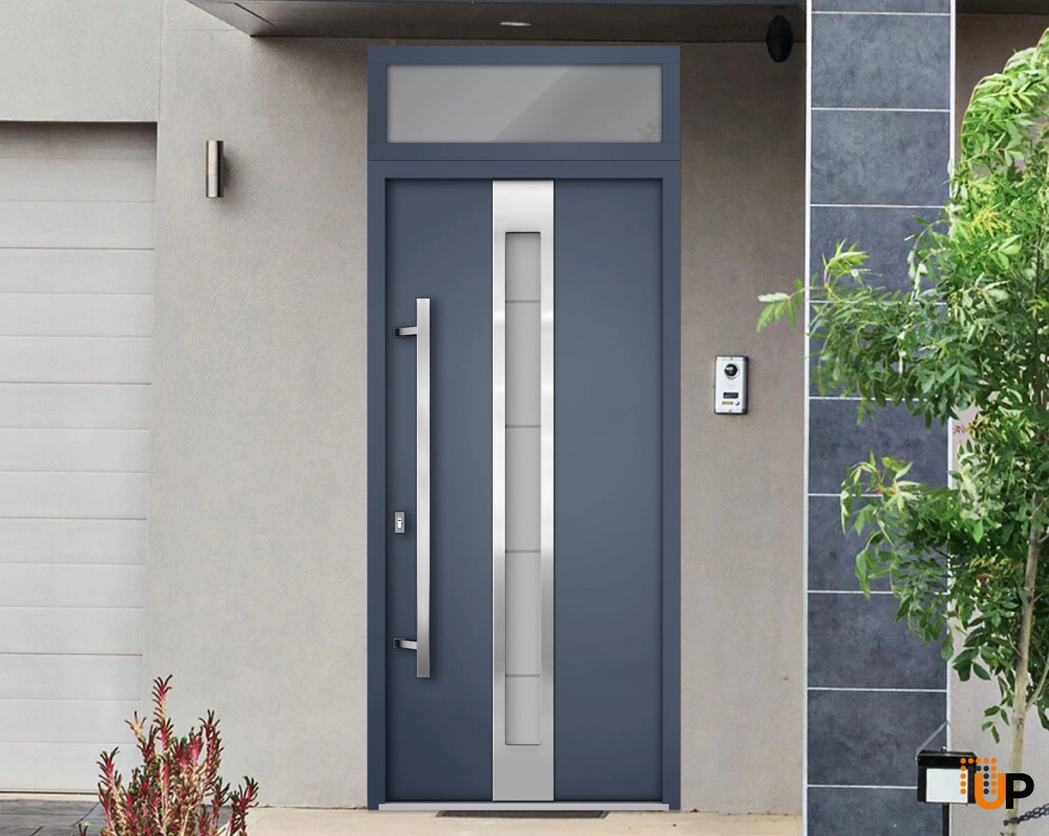 Front Exterior Prehung Steel Door / Deux 1717 Gray Graphite / Transom Window / Stainless Inserts Single Modern Painted-W36" x H96+14"-Right-hand Inswing photo#3