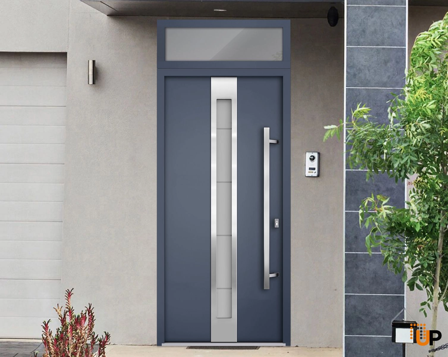 Front Exterior Prehung Steel Door / Deux 1717 Gray Graphite / Transom Window / Stainless Inserts Single Modern Painted-W36" x H80+12"-Left-hand Inswing photo#3