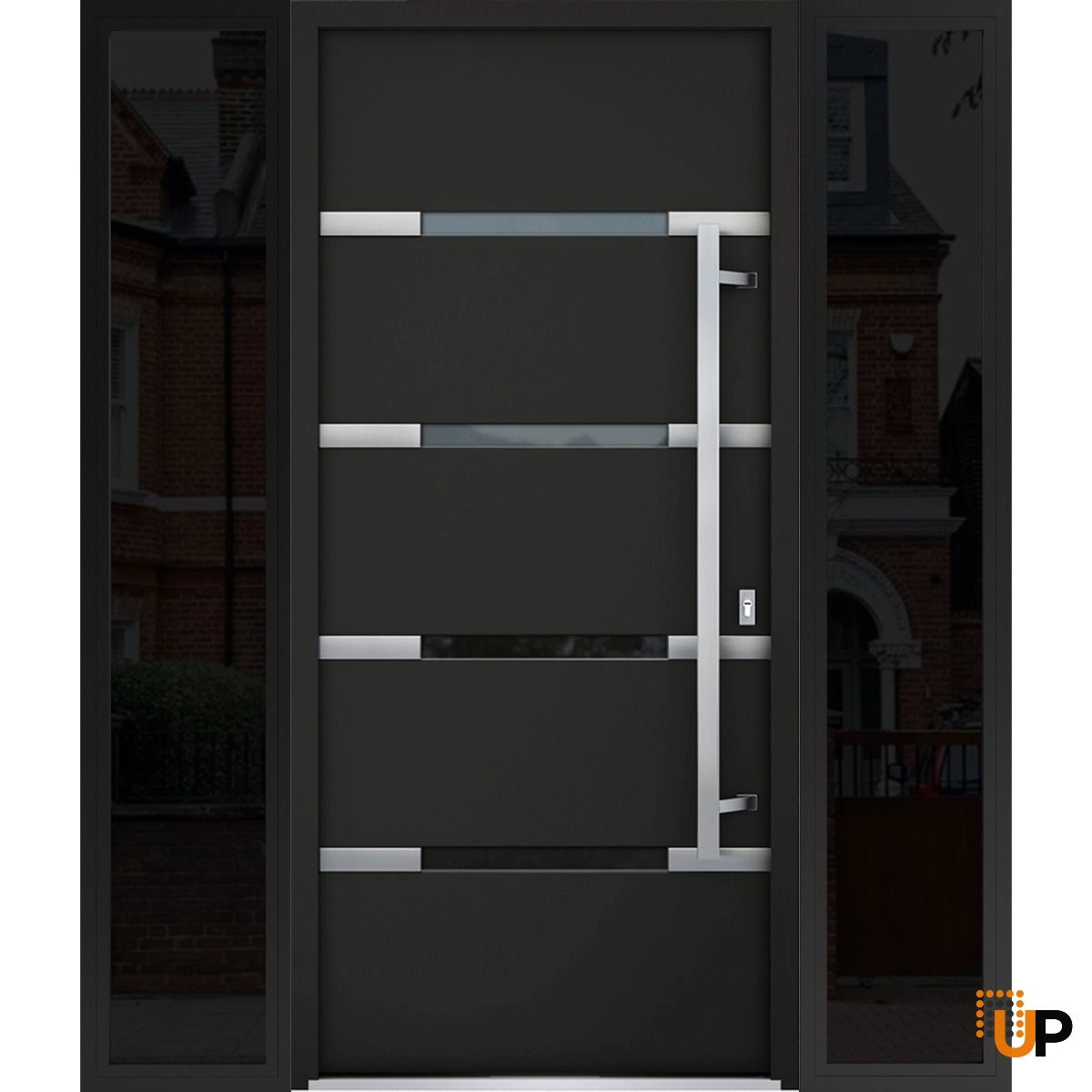 Single swing metal-aluminum modern exterior door with triplex
