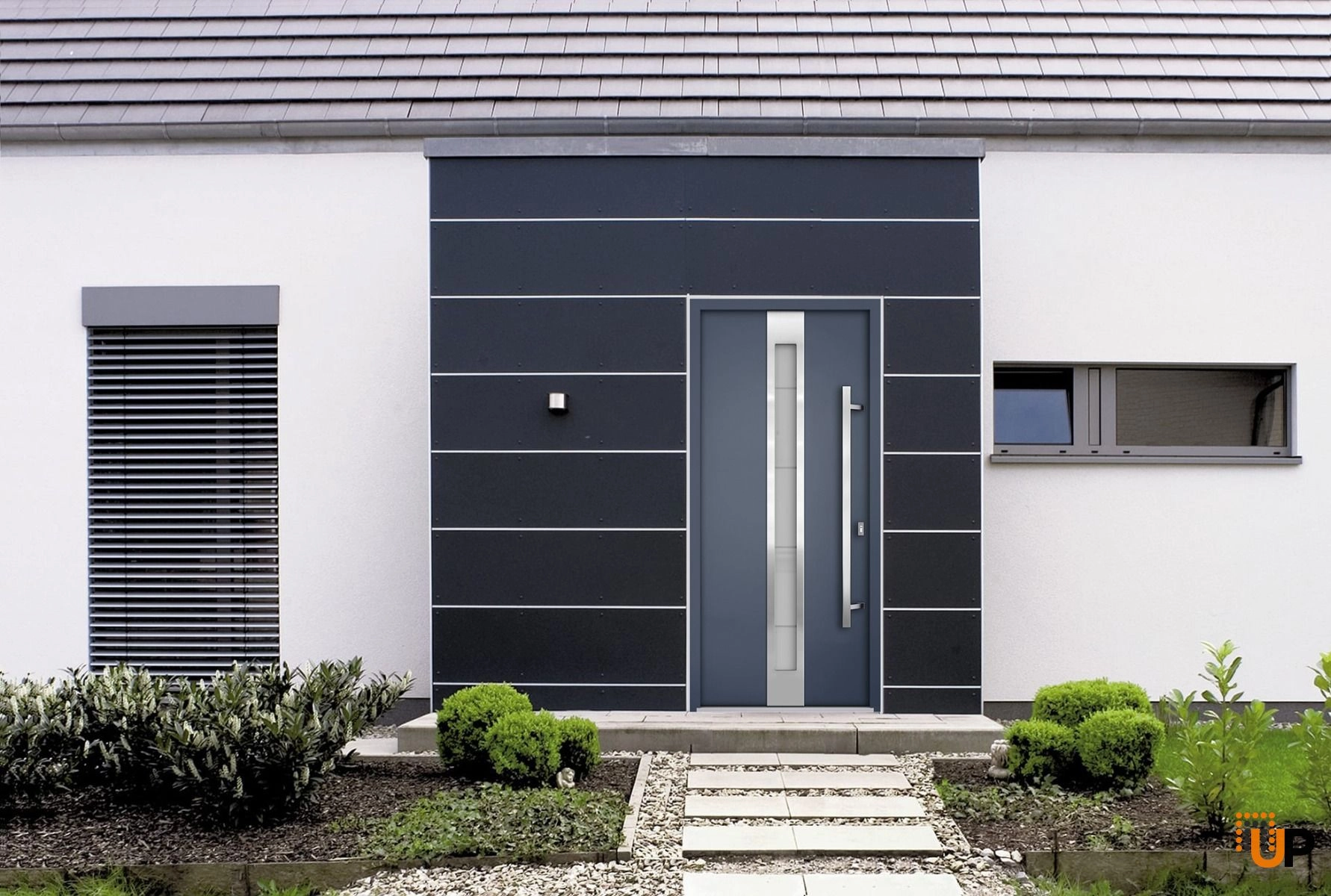 Front Exterior Prehung Steel Door / Deux 1717 Gray Graphite / Stainless Inserts Single Modern Painted-W36" x H96"-Left-hand Inswing photo#2
