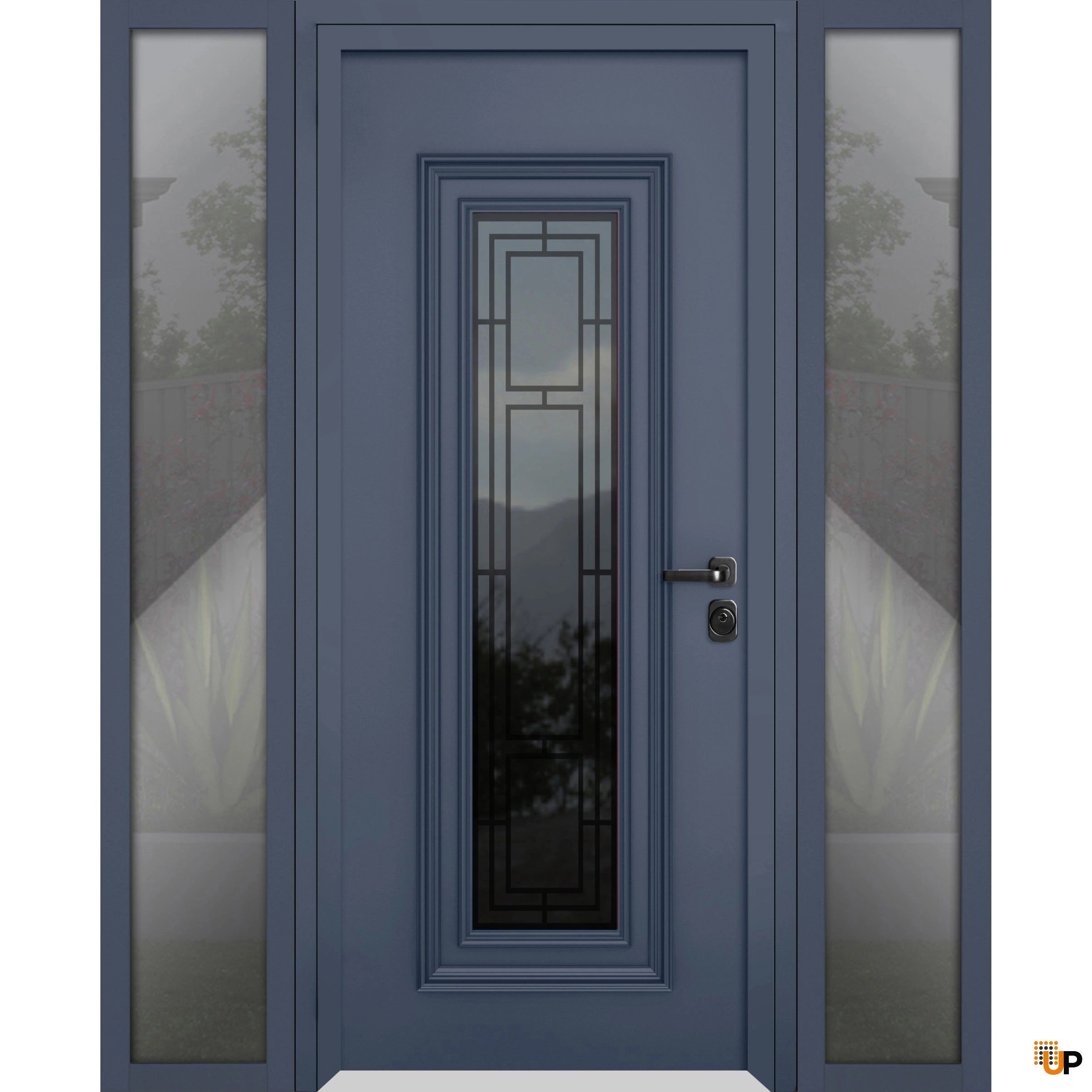 Front Exterior Prehung Steel Door / Ballucio 6044 Gray Graphite / 2 Side Exterior Windows / Stainless Inserts Single Modern Painted-W14+36+14" x H96"-Left-hand Inswing photo#1
