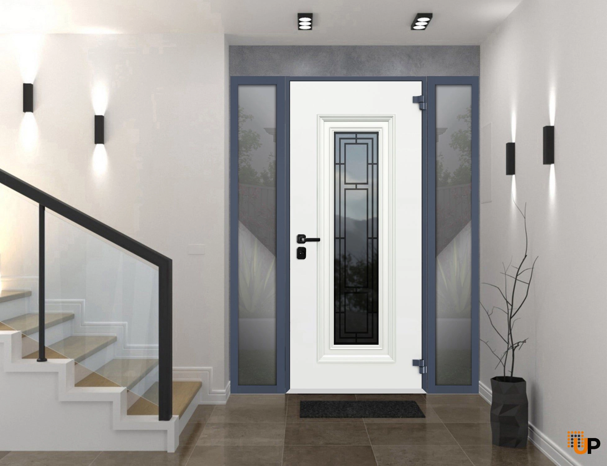Front Exterior Prehung Steel Door / Ballucio 6044 Gray Graphite / 2 Side Exterior Windows / Stainless Inserts Single Modern Painted-W14+36+14" x H96"-Left-hand Inswing photo#3