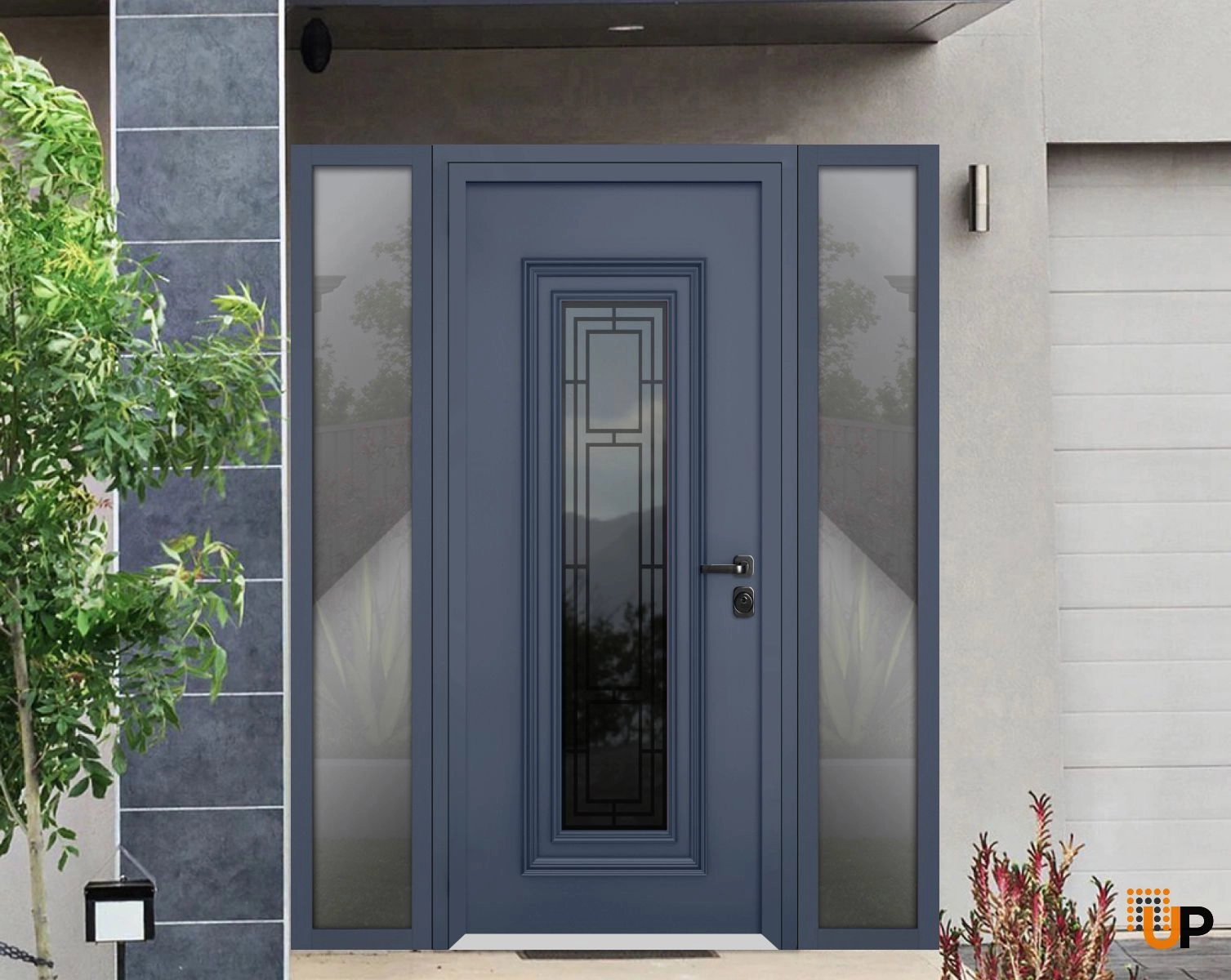 Front Exterior Prehung Steel Door / Ballucio 6044 Gray Graphite / 2 Side Exterior Windows / Stainless Inserts Single Modern Painted-W14+36+14" x H96"-Left-hand Inswing photo#2