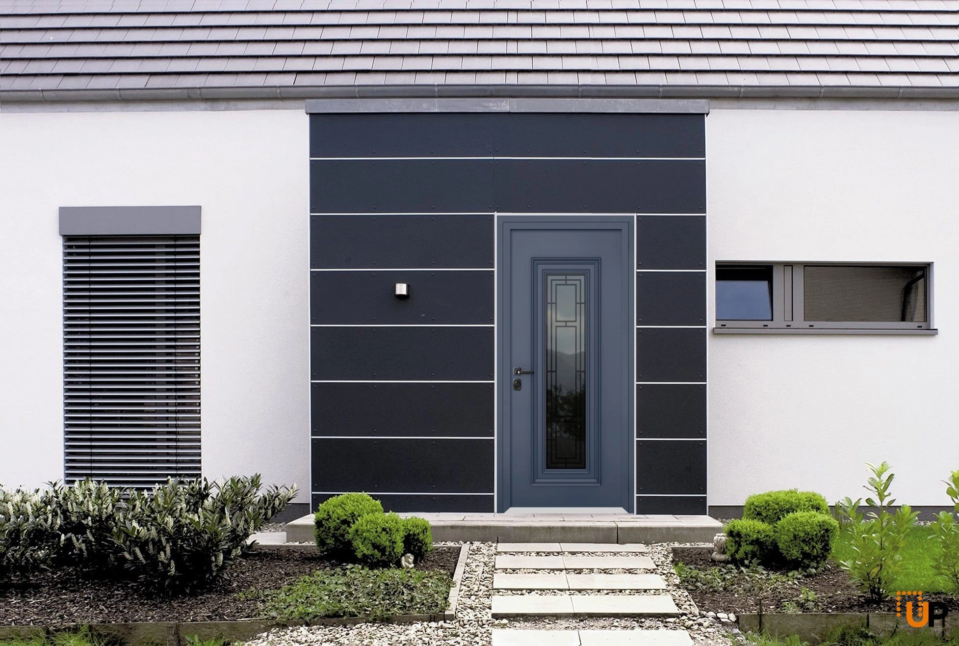 Front Exterior Prehung Steel Door / Ballucio 6044 Gray Graphite / Stainless Inserts Single Modern Painted-W36" x H96"-Right-hand Inswing photo#2