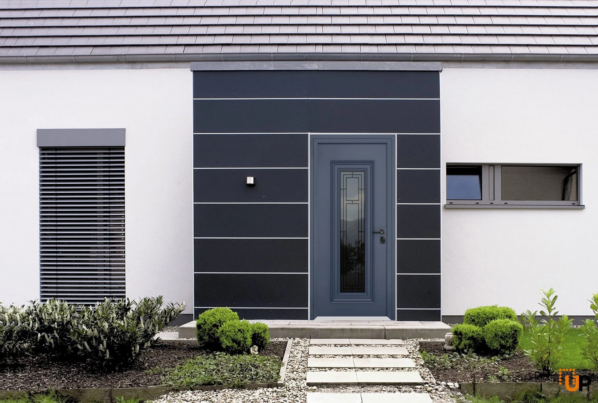 Front Exterior Prehung Steel Door / Ballucio 6044 Gray Graphite / Stainless Inserts Single Modern Painted-W36" x H96"-Left-hand Inswing photo#2