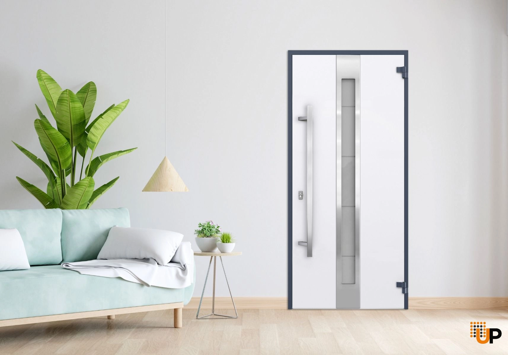 Front Exterior Prehung Steel Door / Deux 1717 Gray Graphite / Stainless Inserts Single Modern Painted-W36" x H96"-Right-hand Inswing photo#3