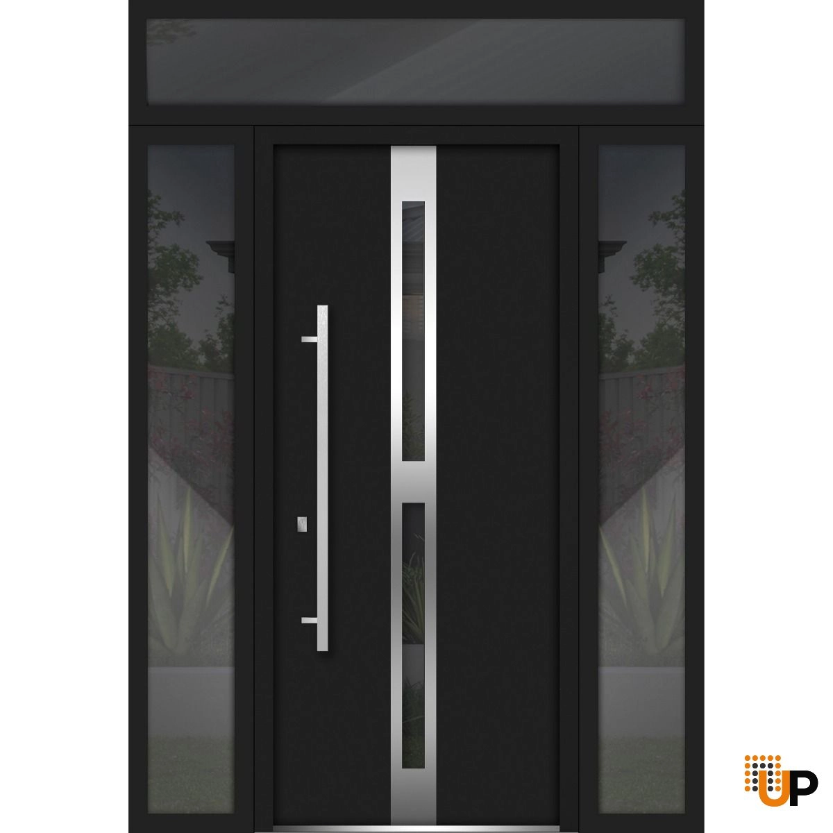 Single swing metal-aluminum modern exterior door with triplex