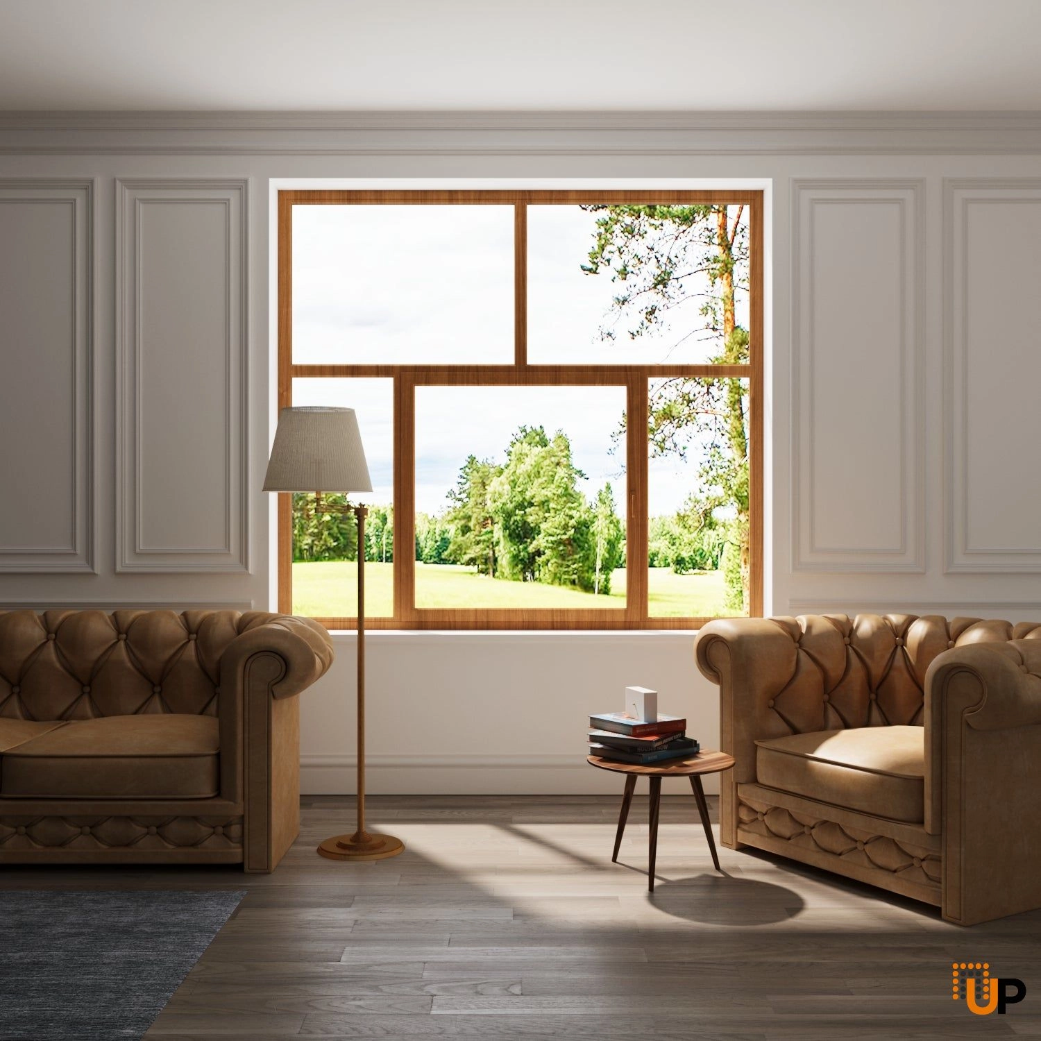 Five-Part Window PVC, Size 110x82, Center Section Operable, Golden Oak Color, Double Pane, Transpered Glass (View from inside) photo#2