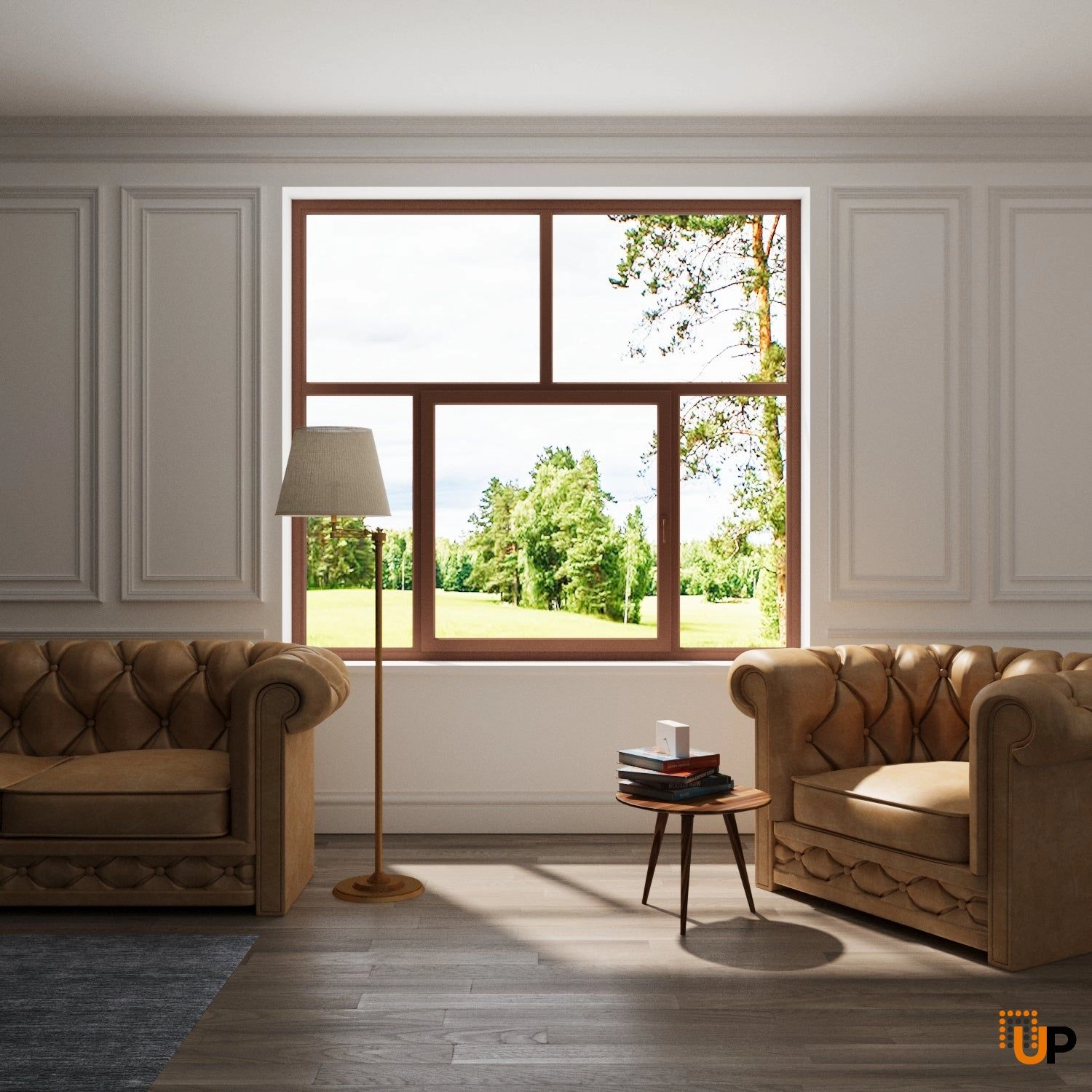 Five-Part Window PVC, Size 110x82, Center Section Operable, NUT Color, Black Frame Color, Transpered Glass (View from inside) photo#2