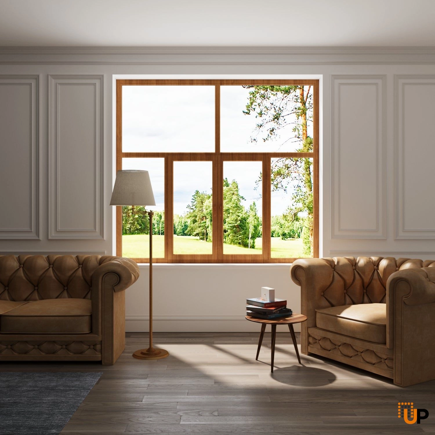 Six-Part Window PVC, Size 112 x 83, Two Center Sections Operable, Golden Oak Color, Double Pane, Transpered Glass (View from inside) photo#2